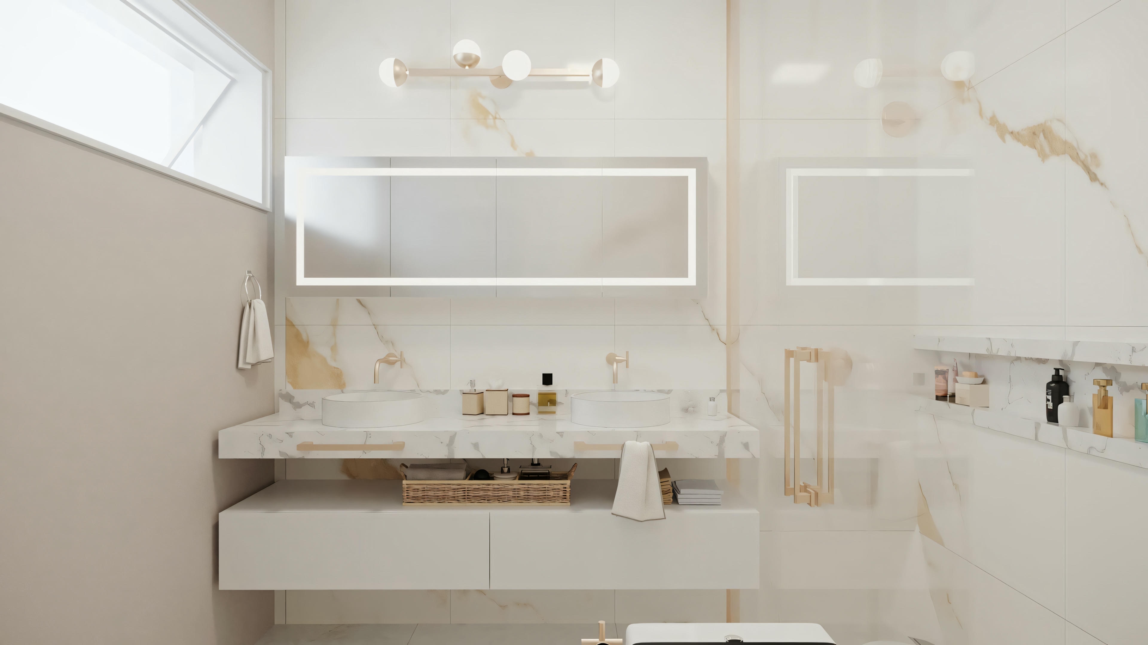 Bathroom with minimalist decoration, shower with glass enclosure, and built-in shelves.