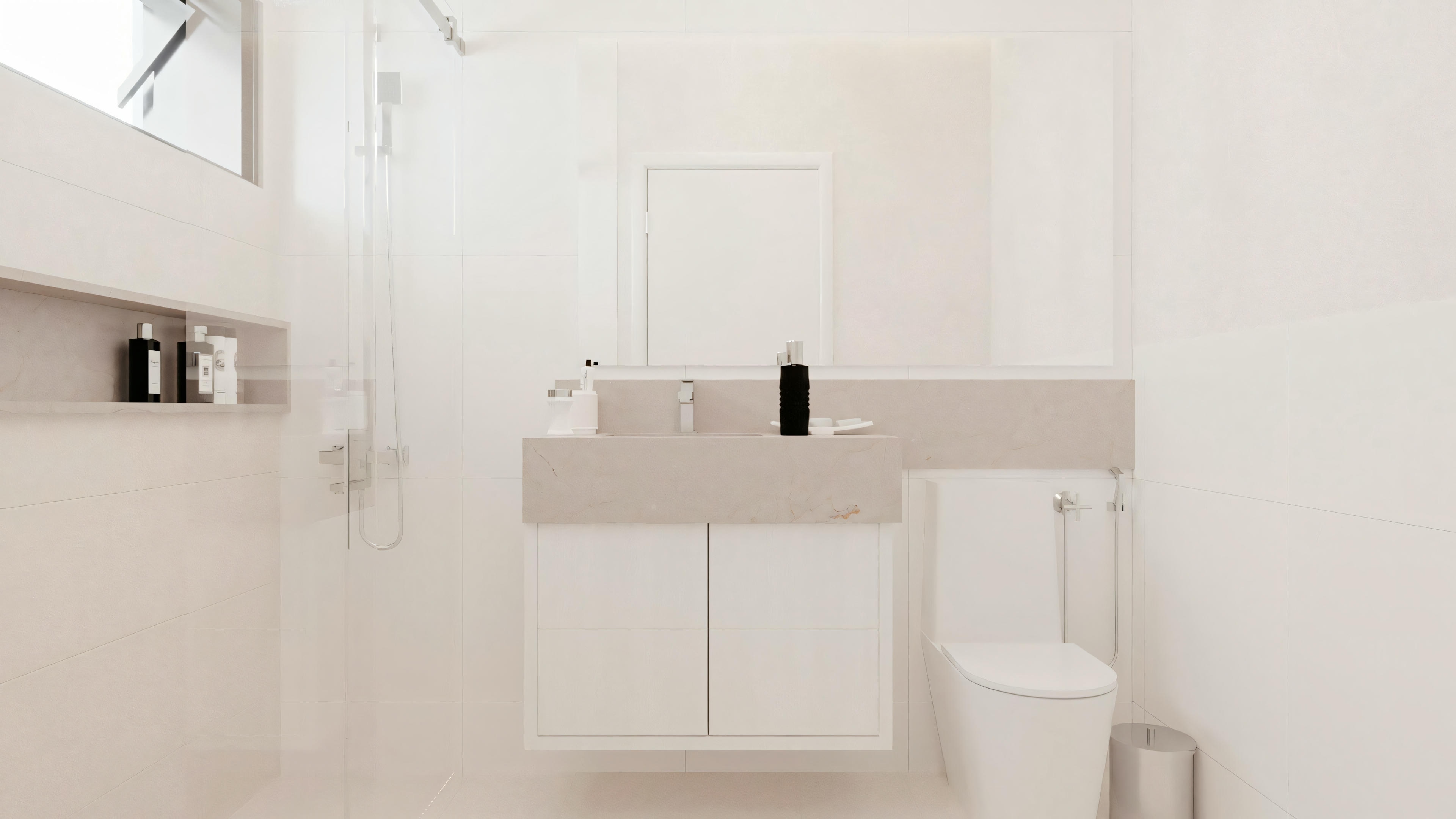 A modern bathroom with white walls, a sink with a countertop and storage cabinets below. To the right of the sink, there is a toilet. To the left, partially visible, there appears to be a shower or bathtub with glass doors.