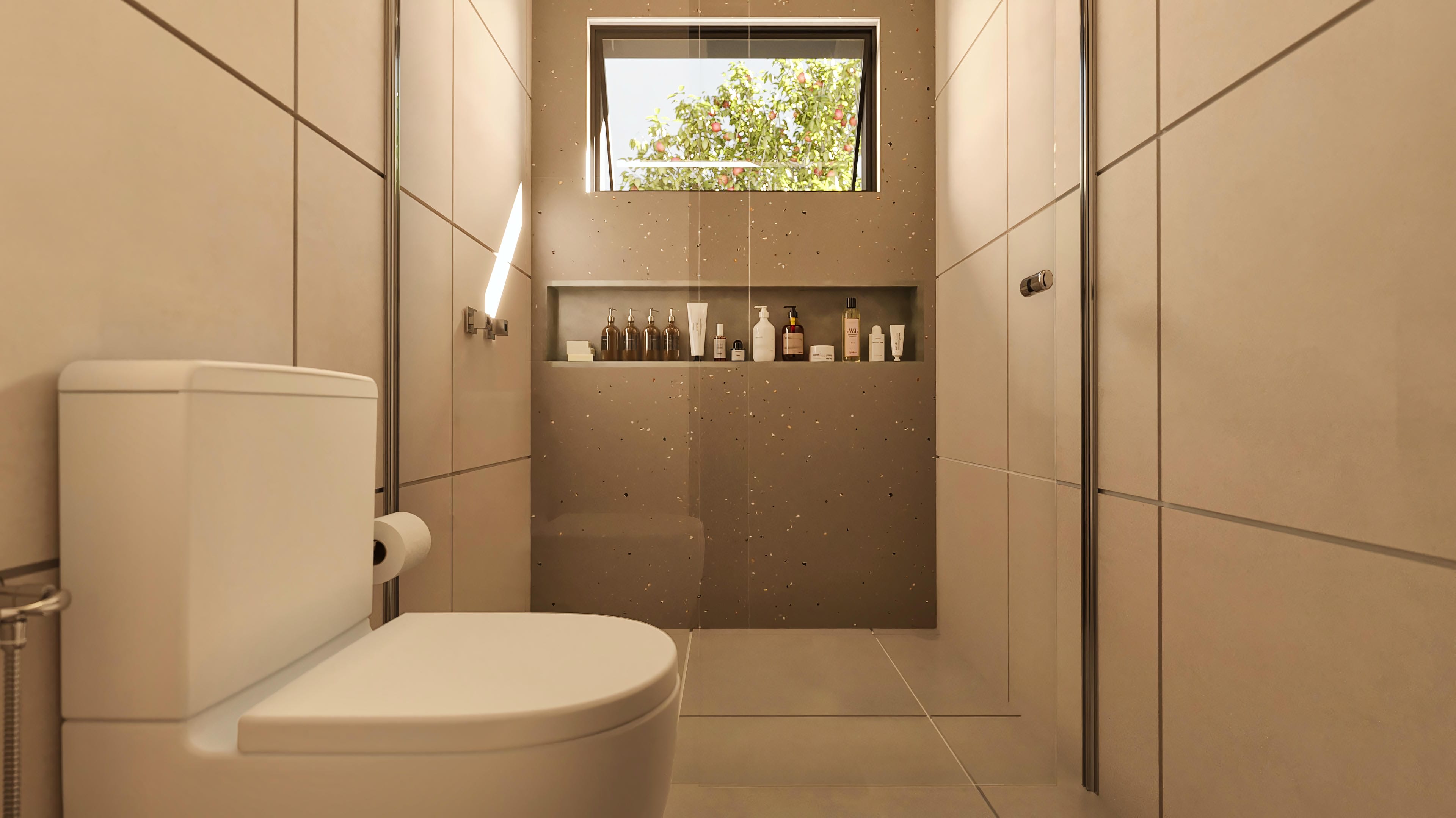 Detail of a modern bathroom with white sanitary ware, glass shower enclosure and wall niche with hygiene products.