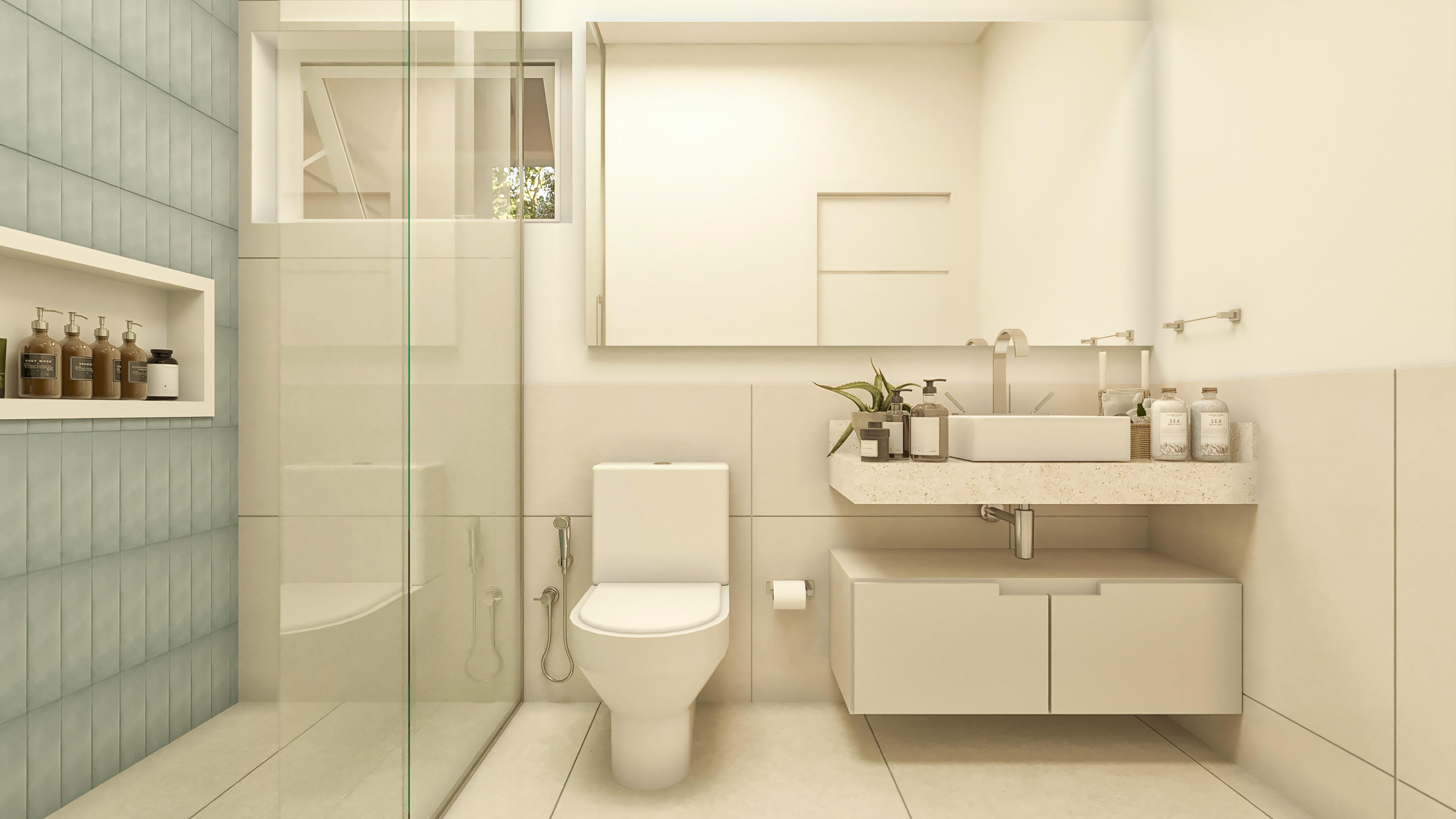 Modern bathroom with seafoam green vertical tile cladding and light stone counter. Highlights include the tempered glass shower box, wall-hung sanitary ware, and wide mirror.
