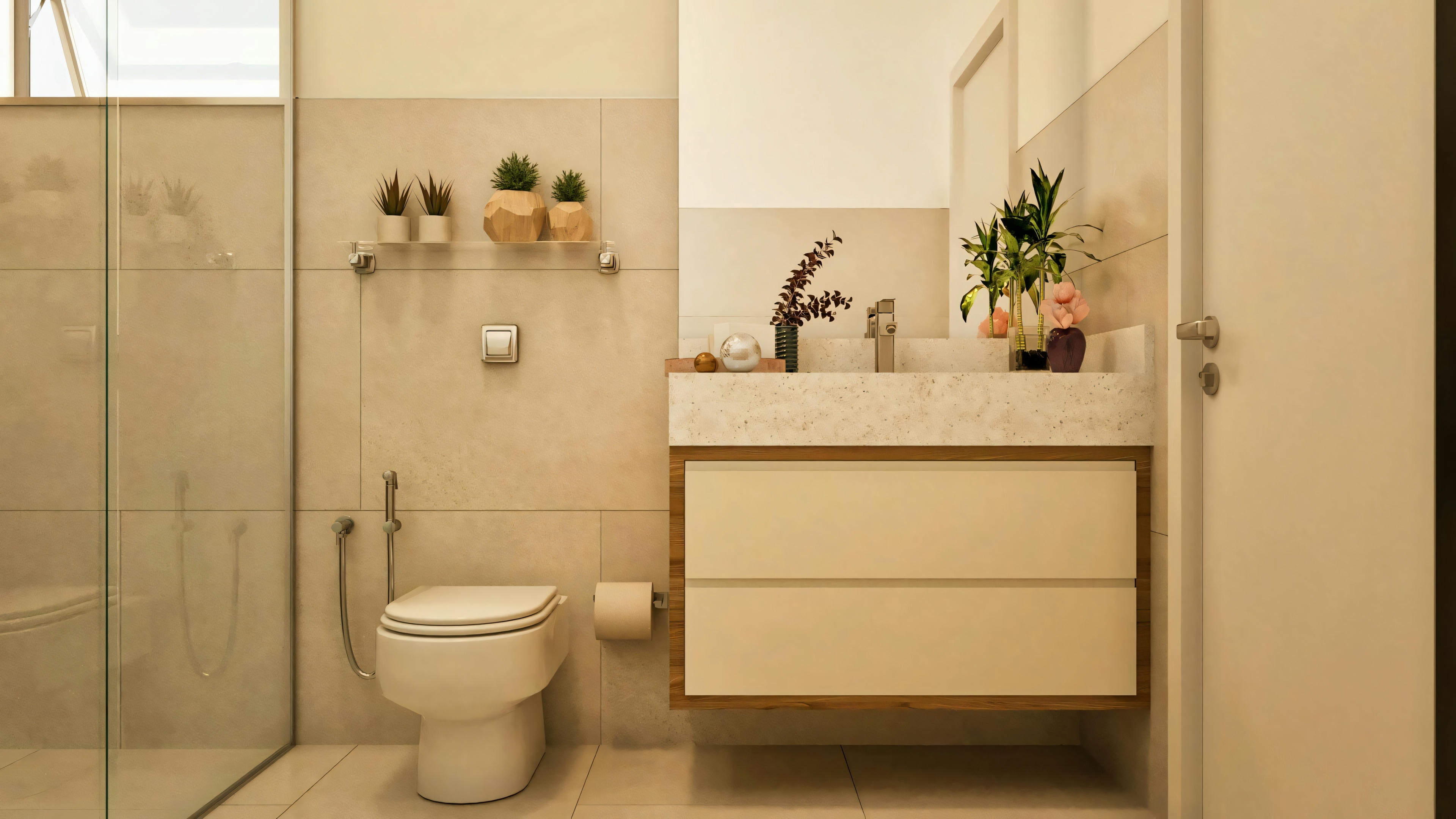 Modern bathroom of the 330m² two-story house architectural project, with light porcelain tile cladding on walls and floor, glass shower enclosure, toilet, suspended cabinet with drawers and countertop with vessel sink, mirror above the countertop, and white access door.