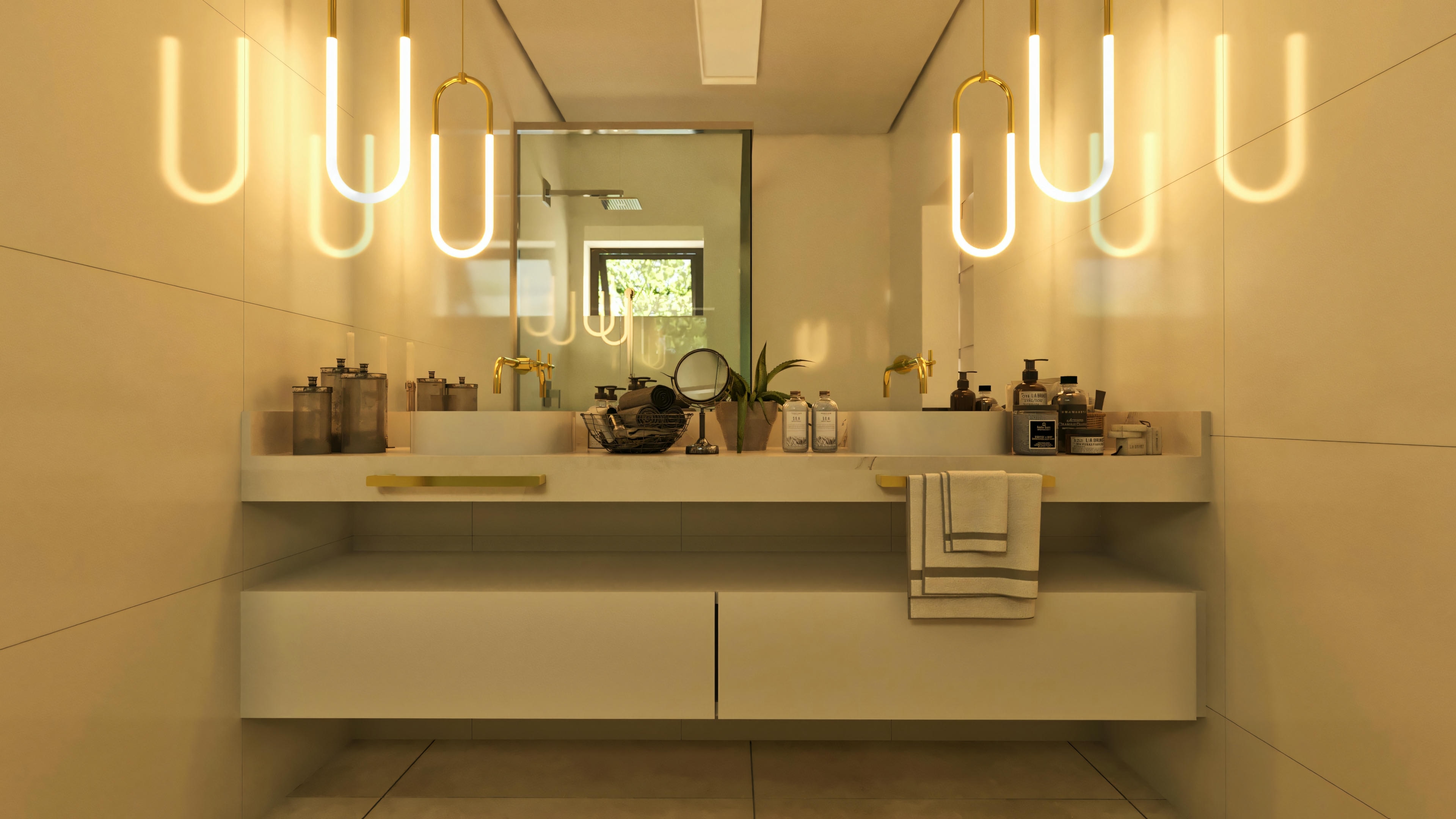 Suite bathroom in a modern two-story house, detailing the countertop with double sculpted sinks, suspended cabinet, mirror, and decorative pendant lights.