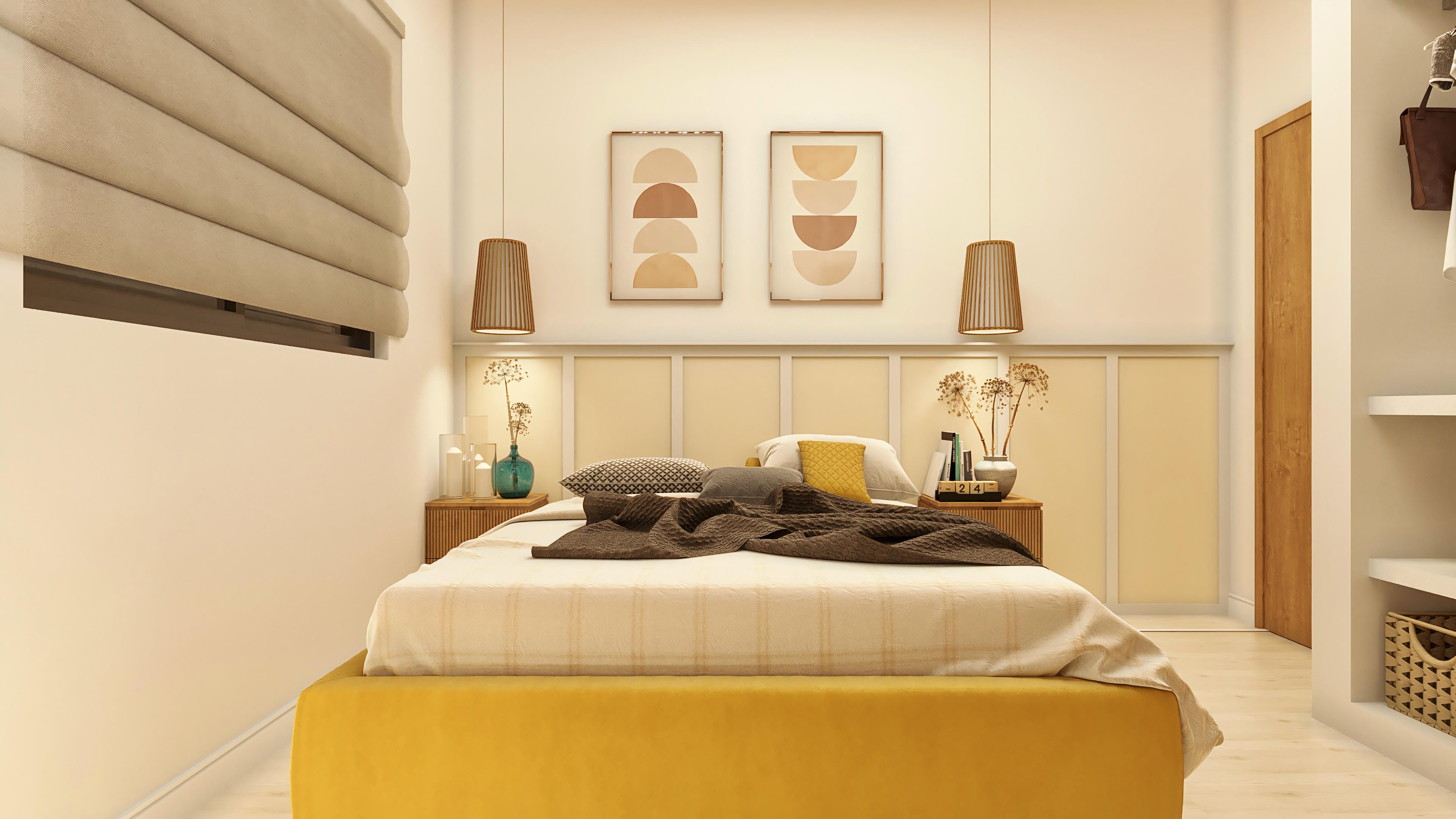 Interior of a suite with a yellow bed, neutral-toned bedding, and wooden details. The wall features a woody panel and abstract artworks.