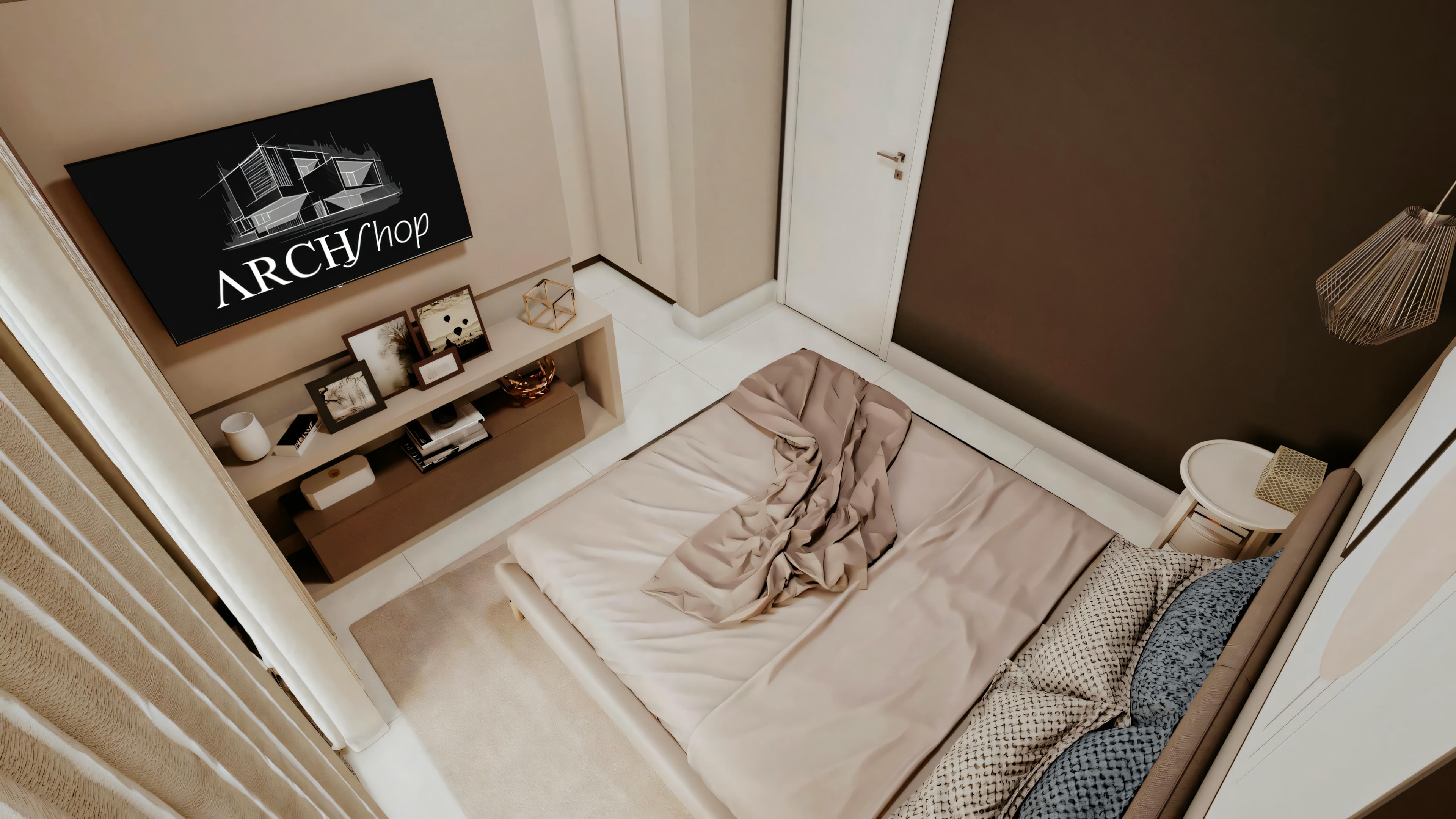Bedroom with made bed, decorative pillows, and wall art with the word “ARCH”.