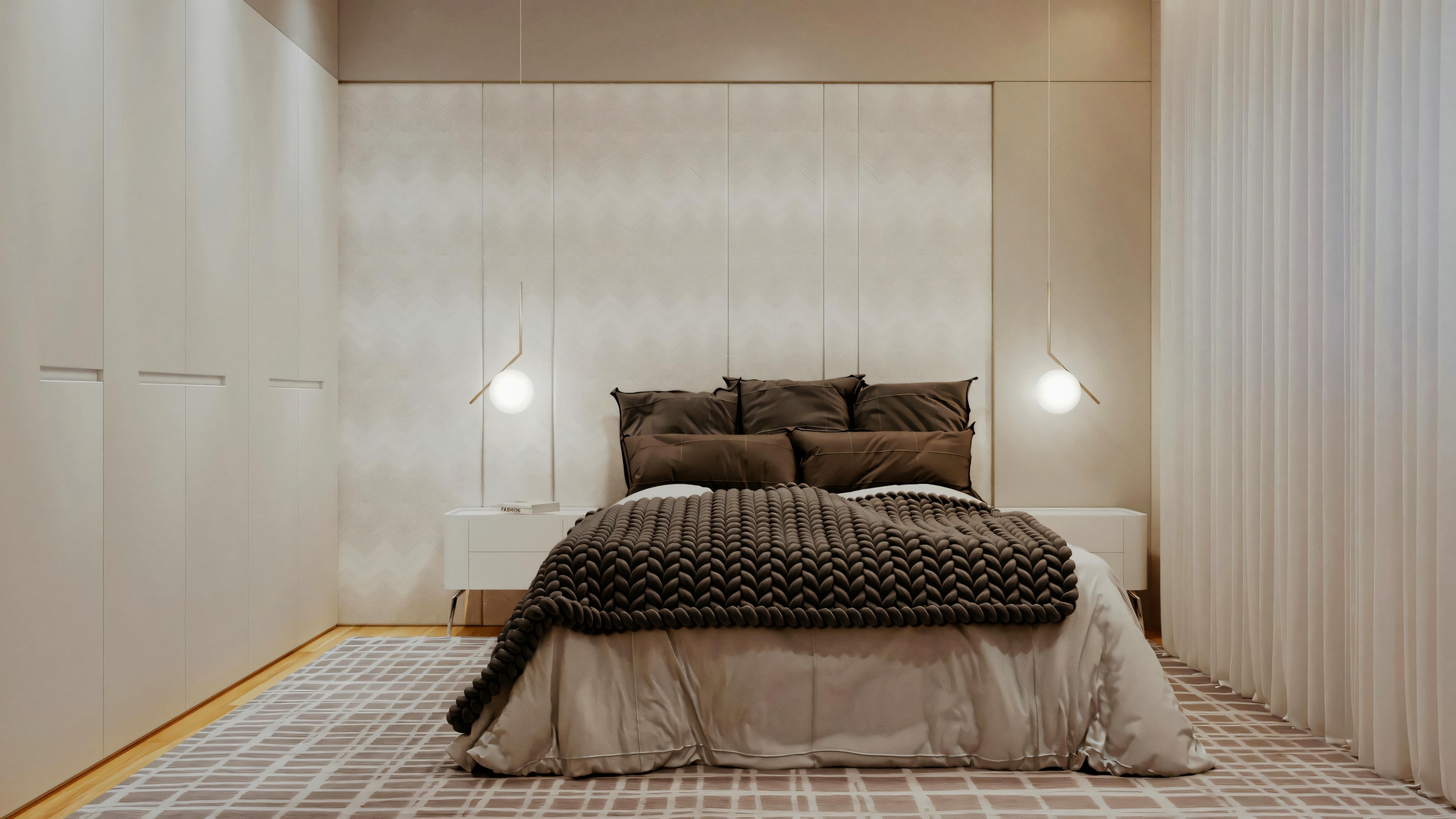 A tidy bedroom with a made bed, dark comforter, wall-mounted lamps, and a wooden panel behind the bed.