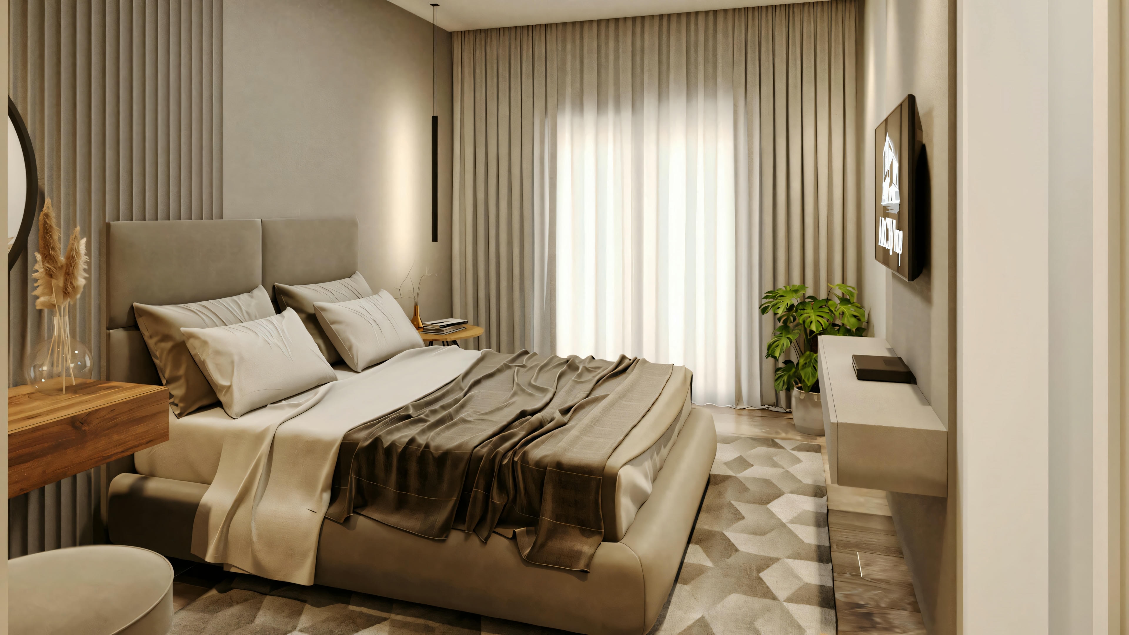 A bedroom with a neat bed, nightstands, lamps, and a window with curtains.