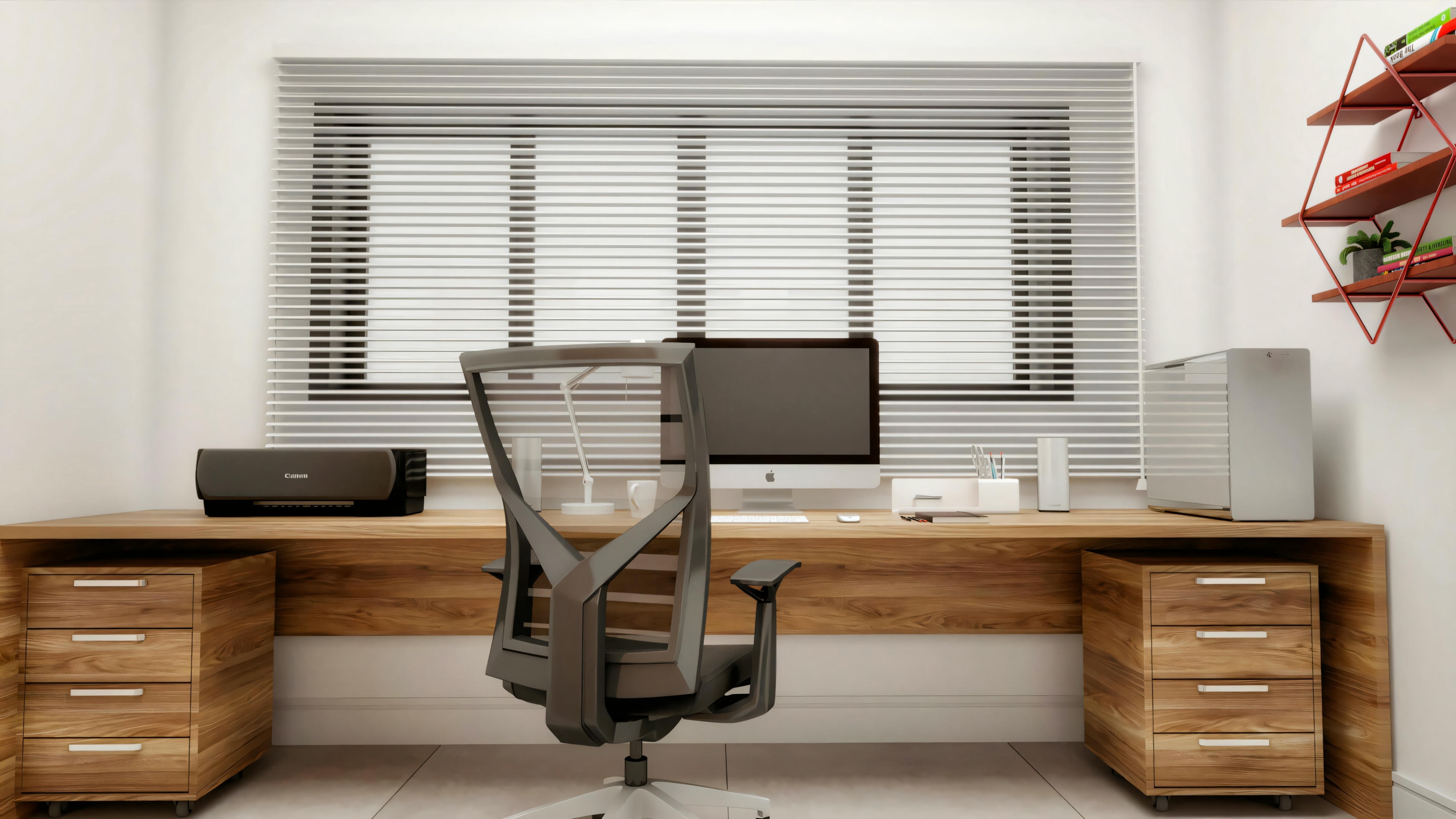 Front view of the planned office in a 3-bedroom country house, featuring a wide wooden countertop, drawers, ergonomic chair, computer, and window with blinds.