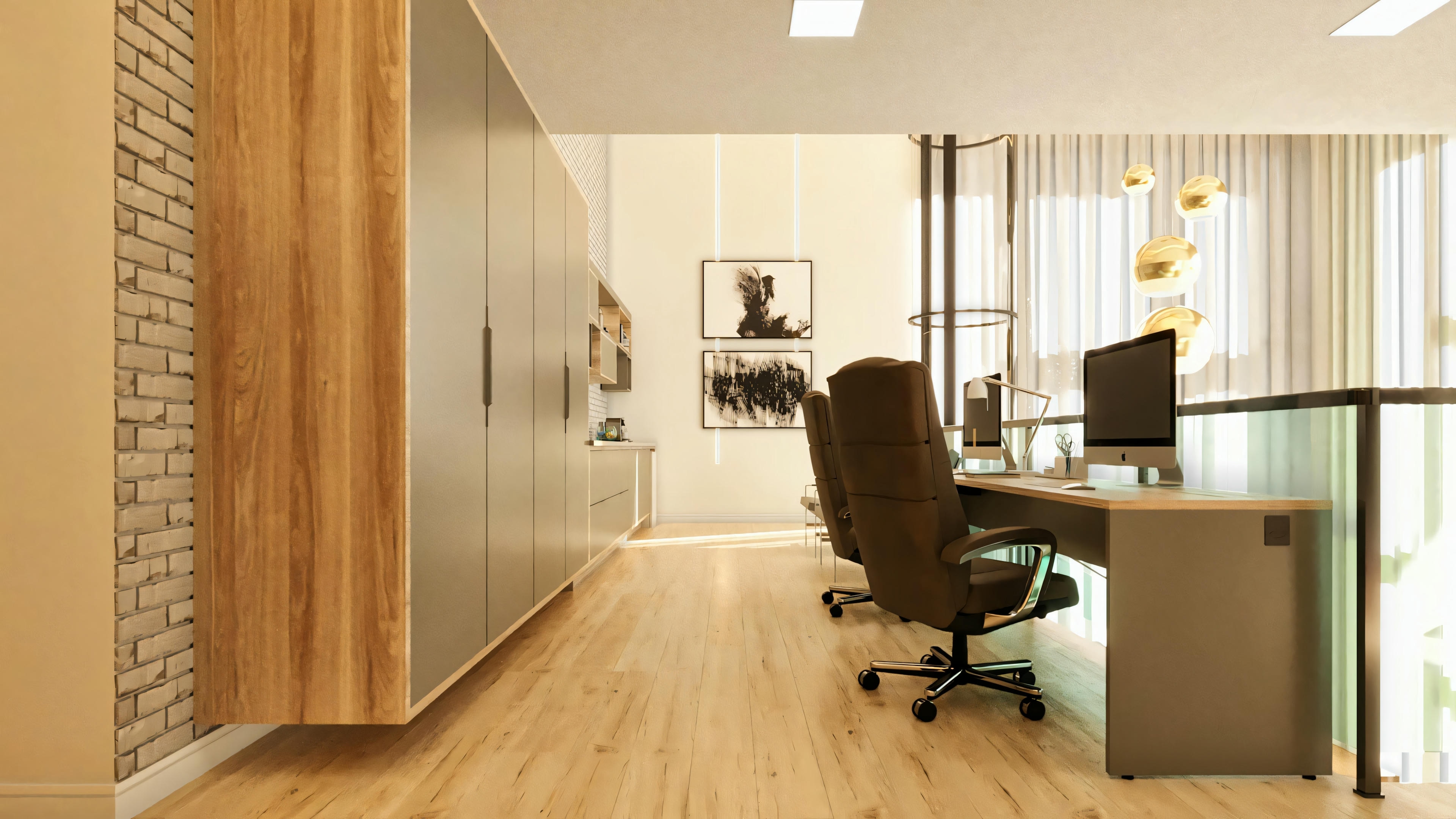 Wide view of the office in a modern house project, highlighting the planned cabinets suspended on the side wall, wooden flooring, and the work area in the background.