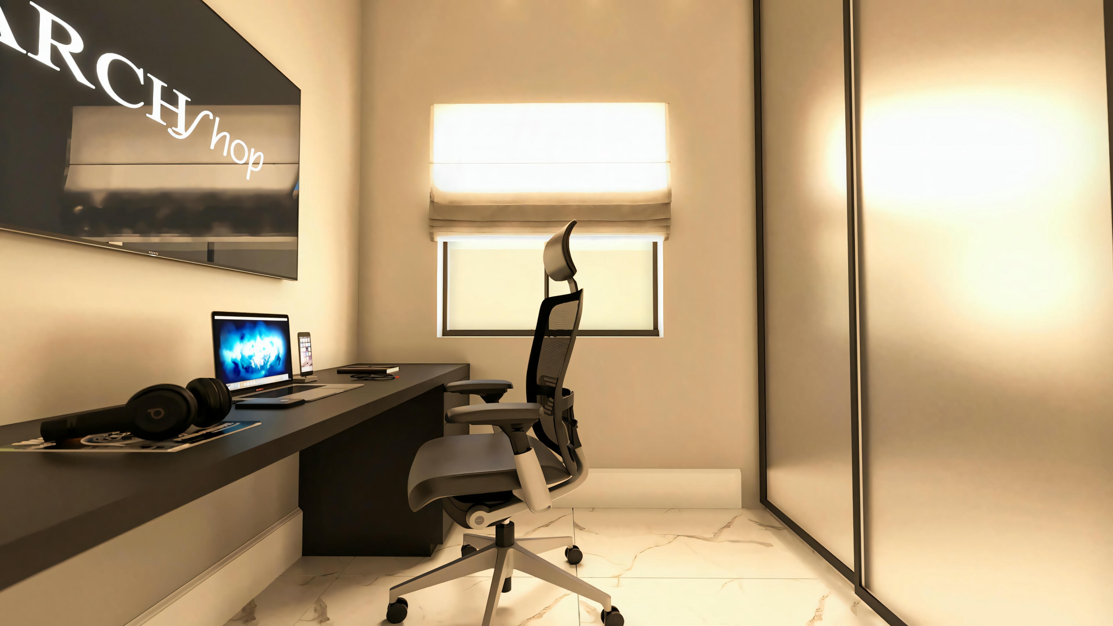 Functional office in a bungalow house project with 3 suites. This view shows the work desk, chair, and a large closet with frosted glass or similar sliding doors. An essential part of the 276.43m² bungalow house with 3 suites.