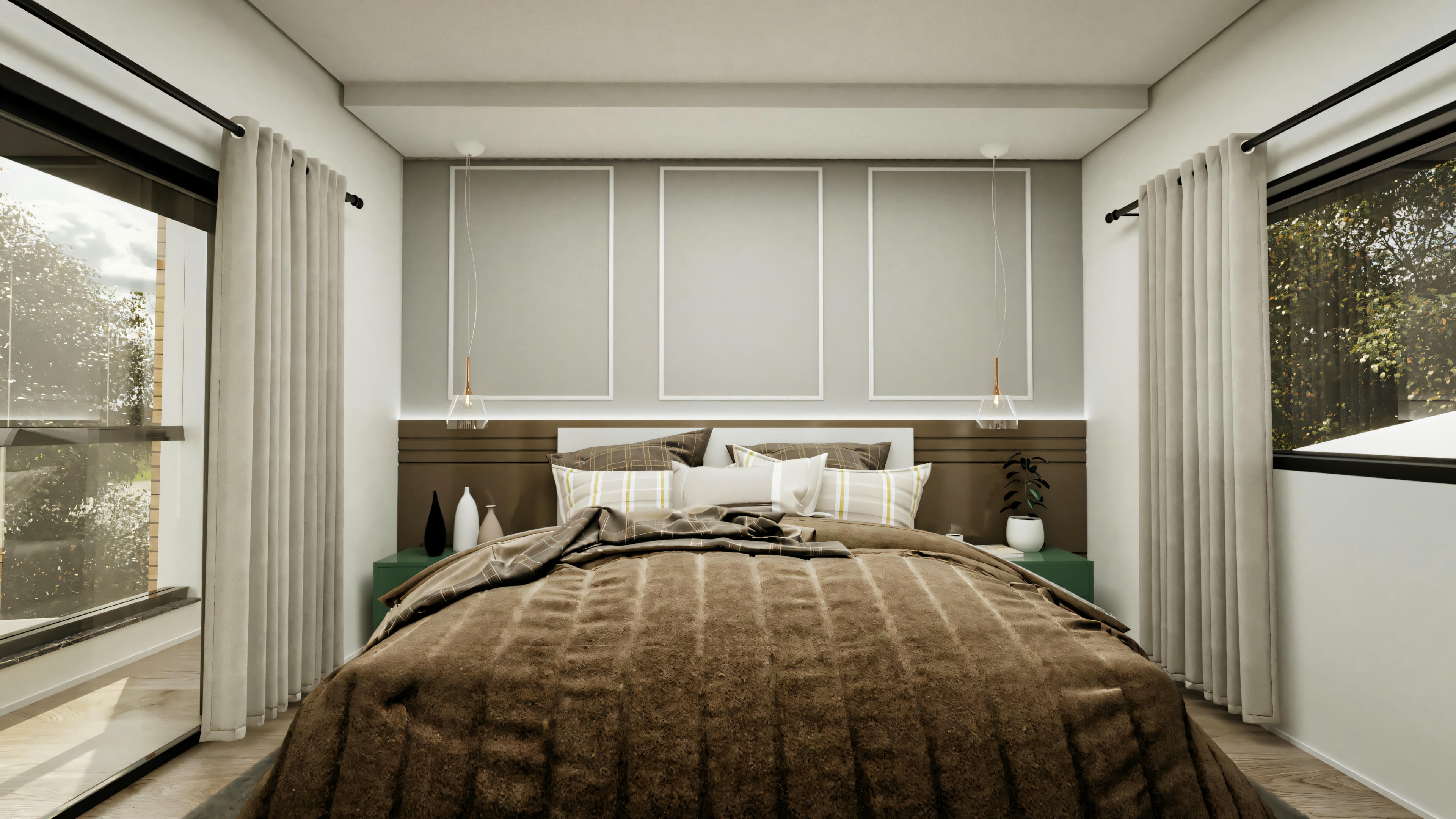 Quarto de casal moderno em uma das 4 suítes da casa térrea, com cama, cabeceira baixa amadeirada, parede com boiseries e grandes janelas com cortinas.