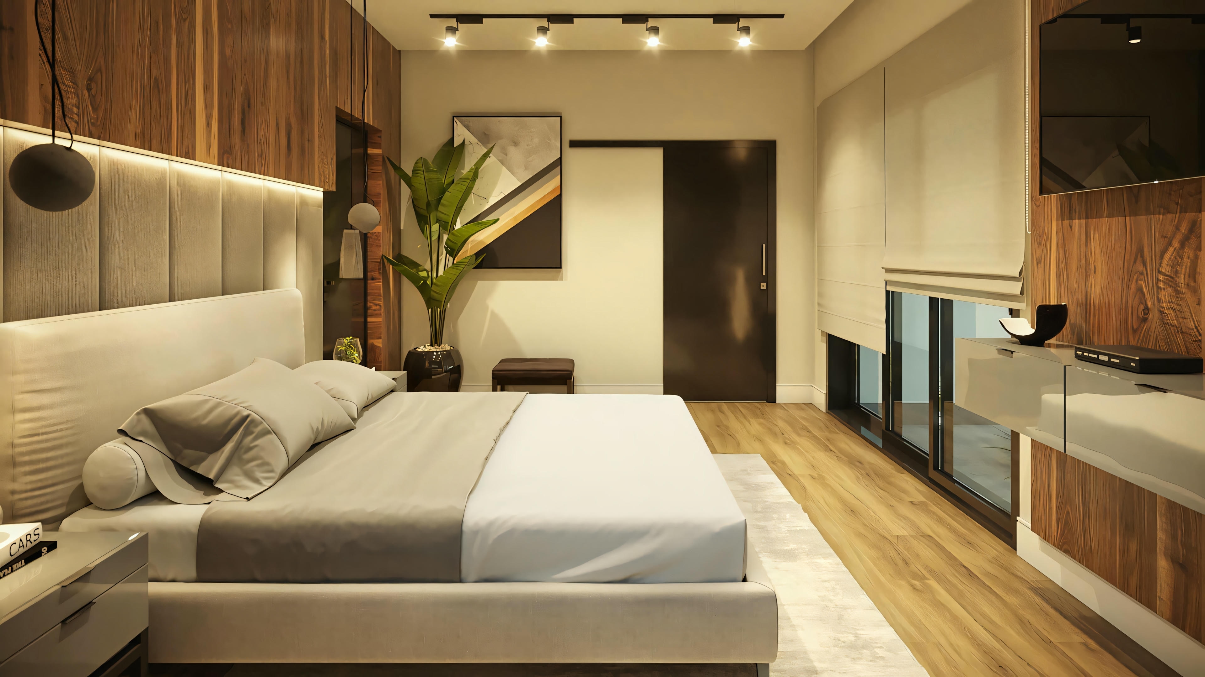 Quarto com cama e mesas de cabeceira.