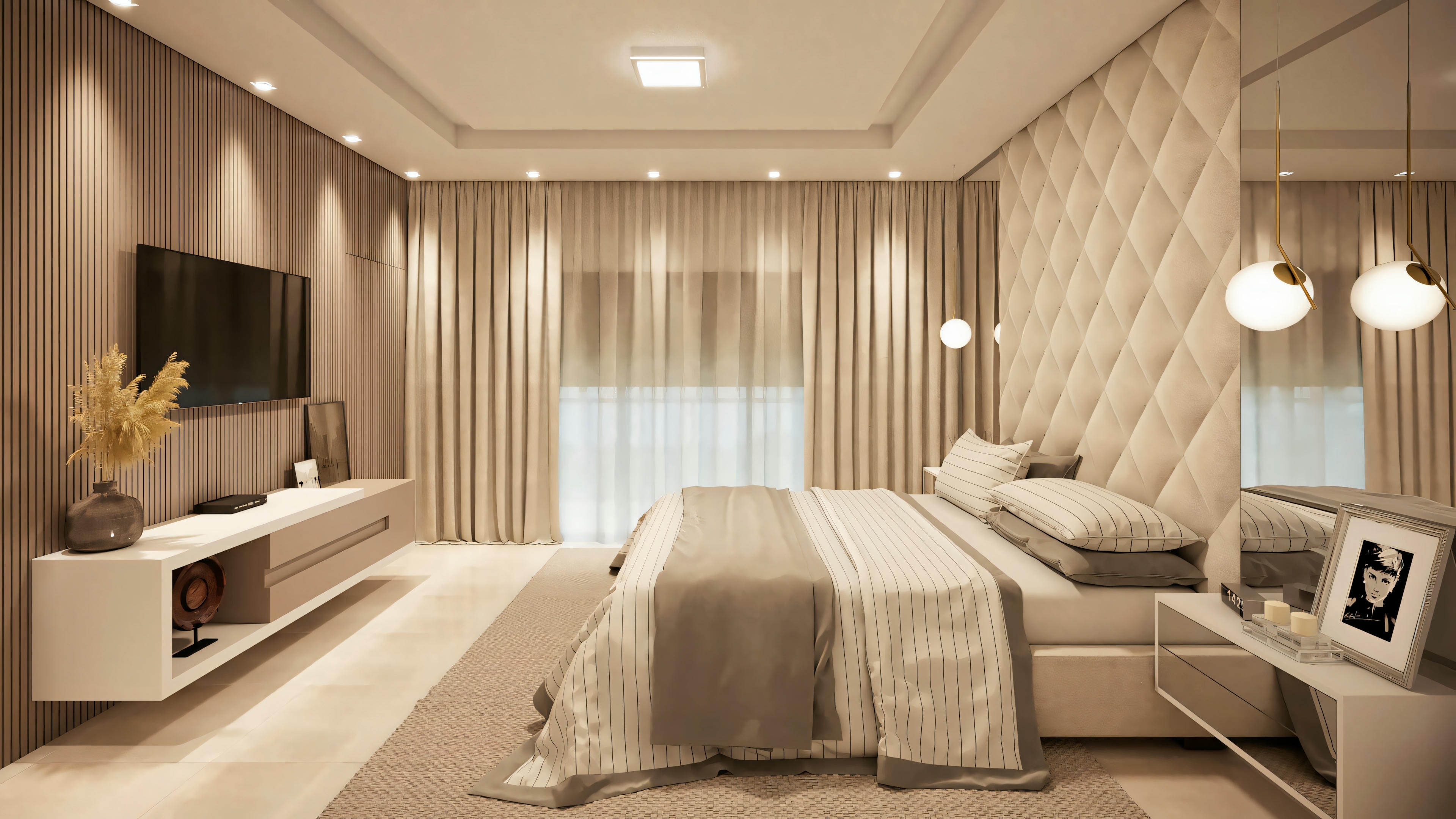 Quarto moderno com cama, mesas laterais e luminárias.