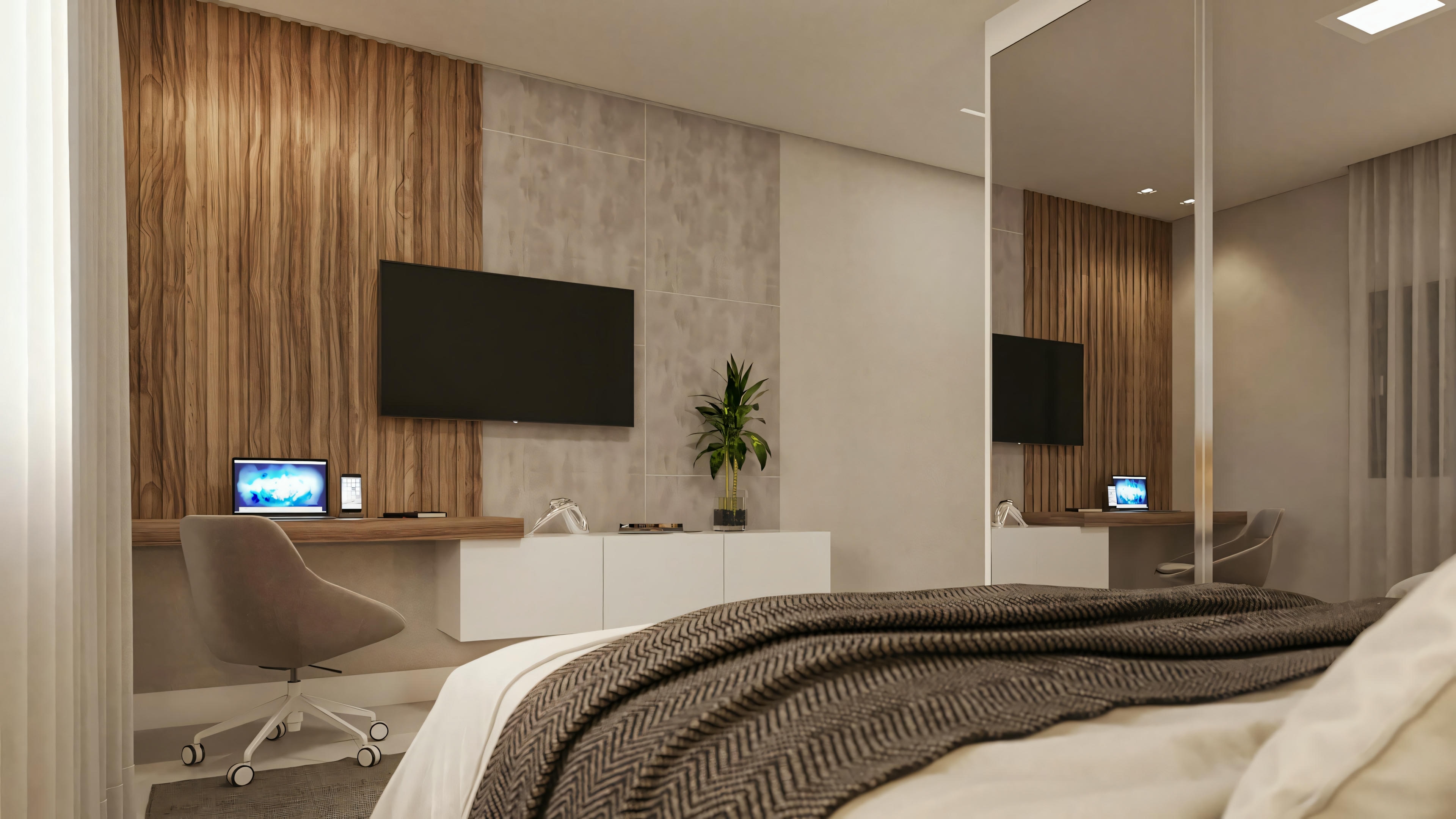 Quarto com cama grande, painel de madeira na parede e televisão montada.