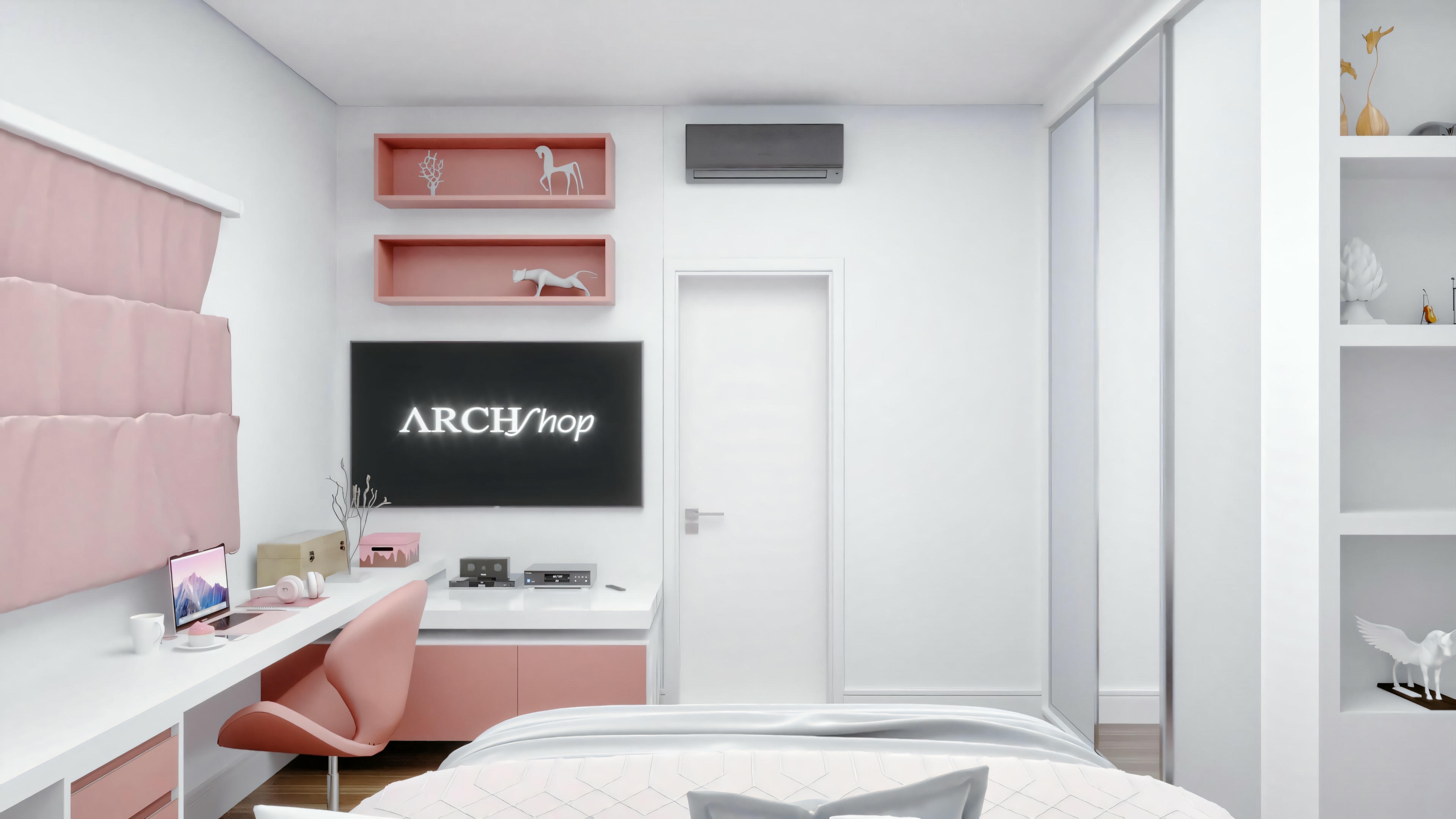 Quarto com paredes rosa e brancas, cama com cabeceira e roupa de cama rosa, uma pequena mesa de cabeceira e uma televisão montada na parede.