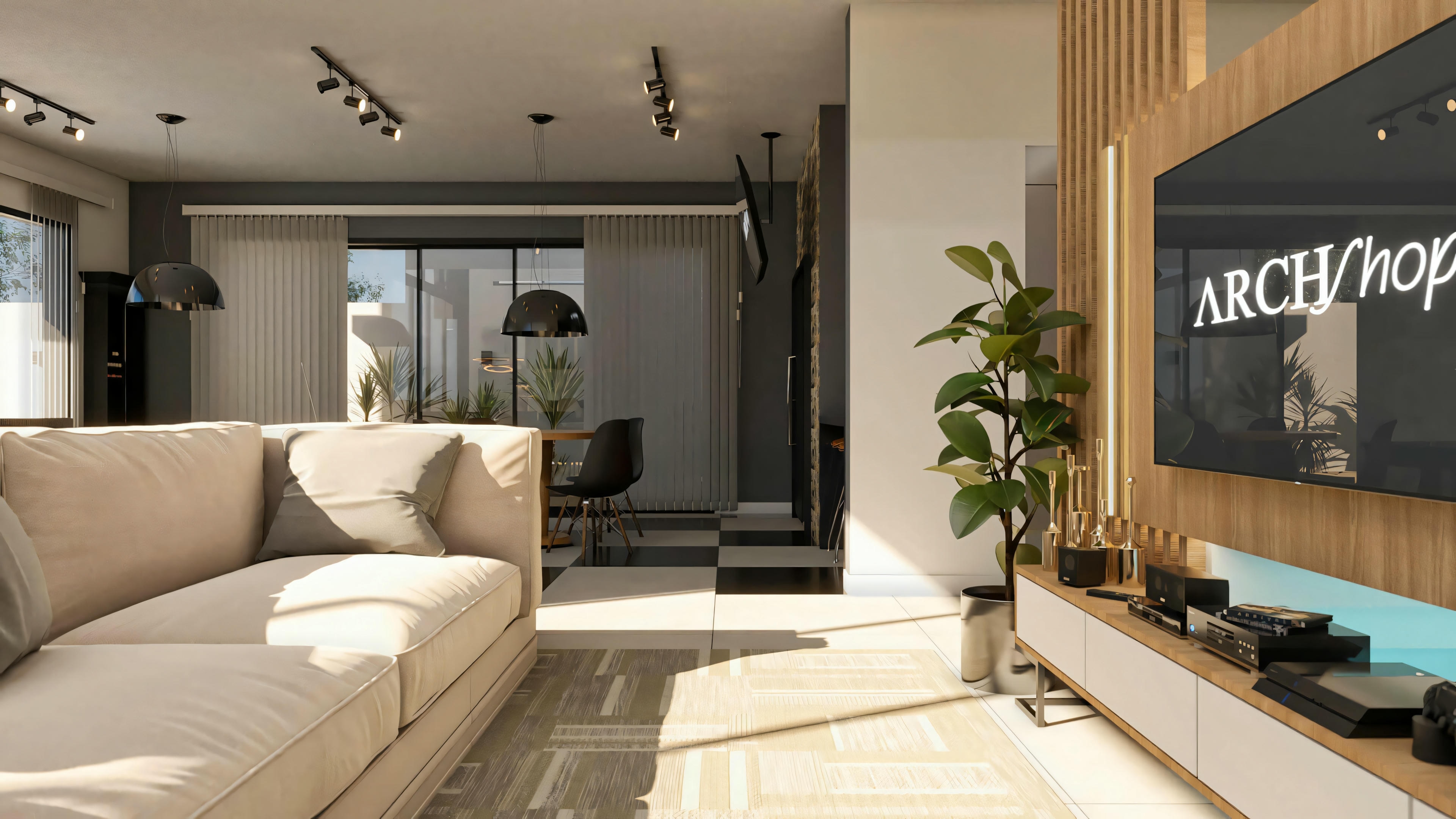 Integrated living and dining rooms in the ready-made project with 5 suites, with a sofa, slatted wood TV panel, and dining area in the background with a checkered floor.