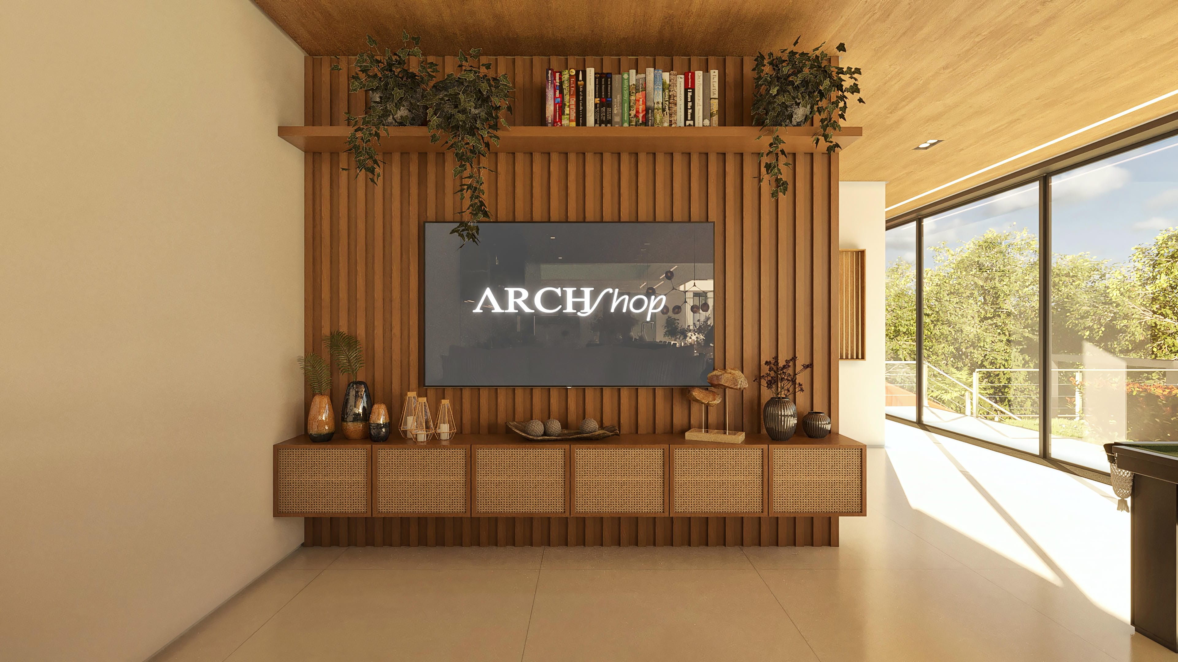 Detail of a slatted wood panel with decorative niches and recessed lighting, integrating into a modern environment.