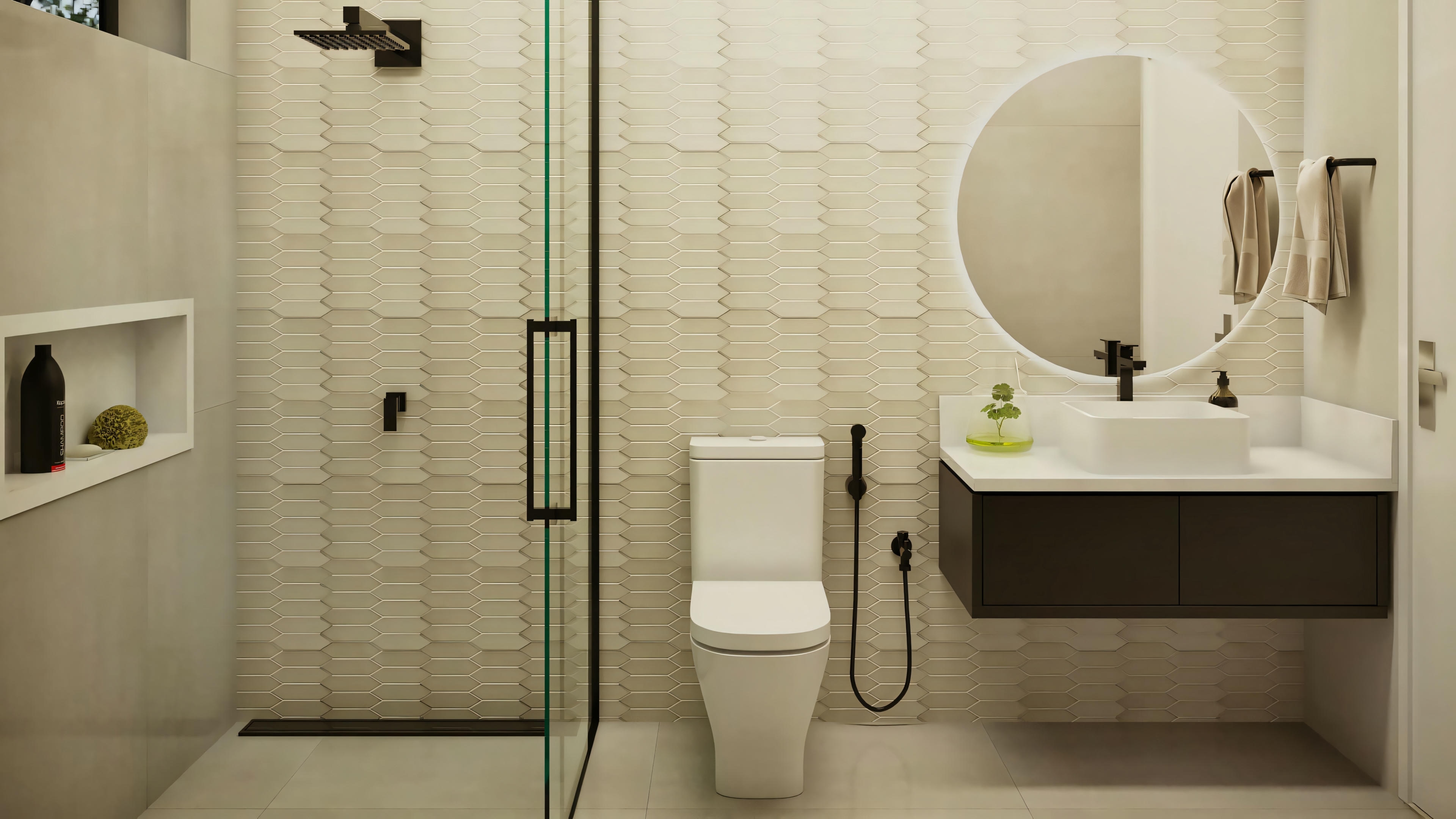 Suite bathroom with 3D wall coating, part of the ready-made house plan with 3 suites and gourmet area. Dark countertop and black metals. 368sqm ready-made house project.