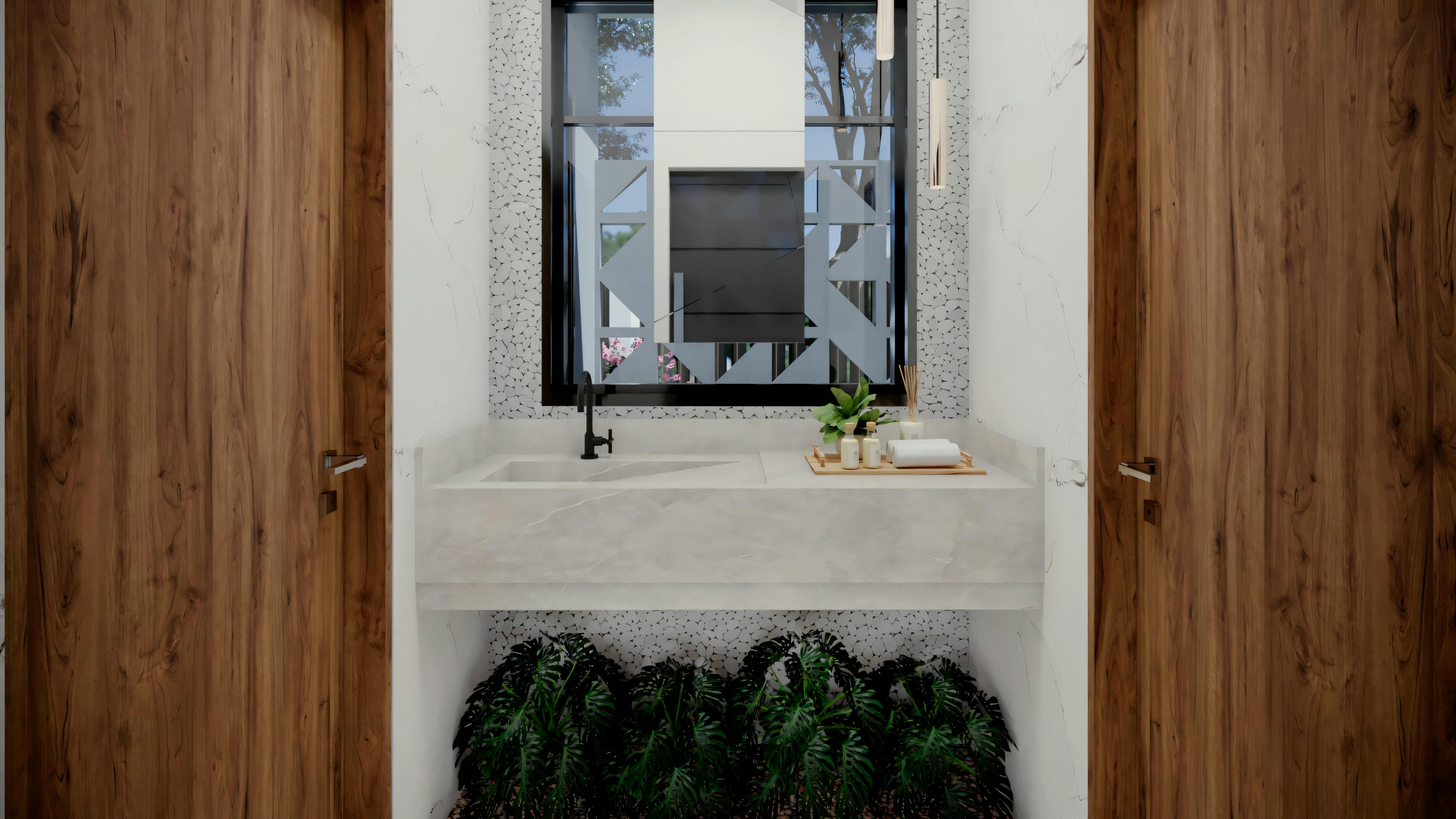 Un espacio interior con un tocador de madera, un espejo rectangular y una planta debajo del espejo.