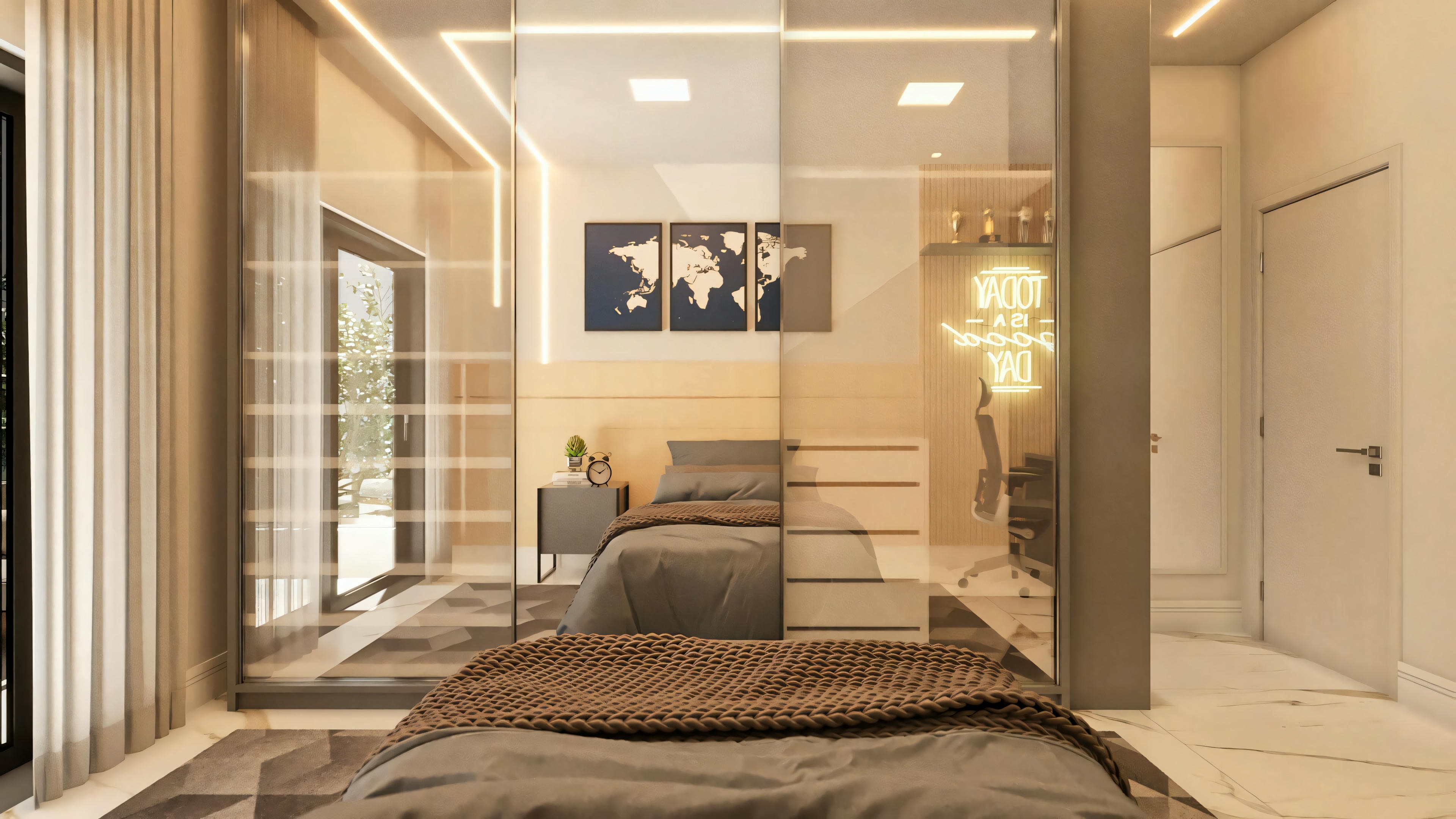 Vista desde la cama en dormitorio suite moderno de proyecto de casa de lujo, mostrando armario con puertas espejadas reflejando el ambiente.