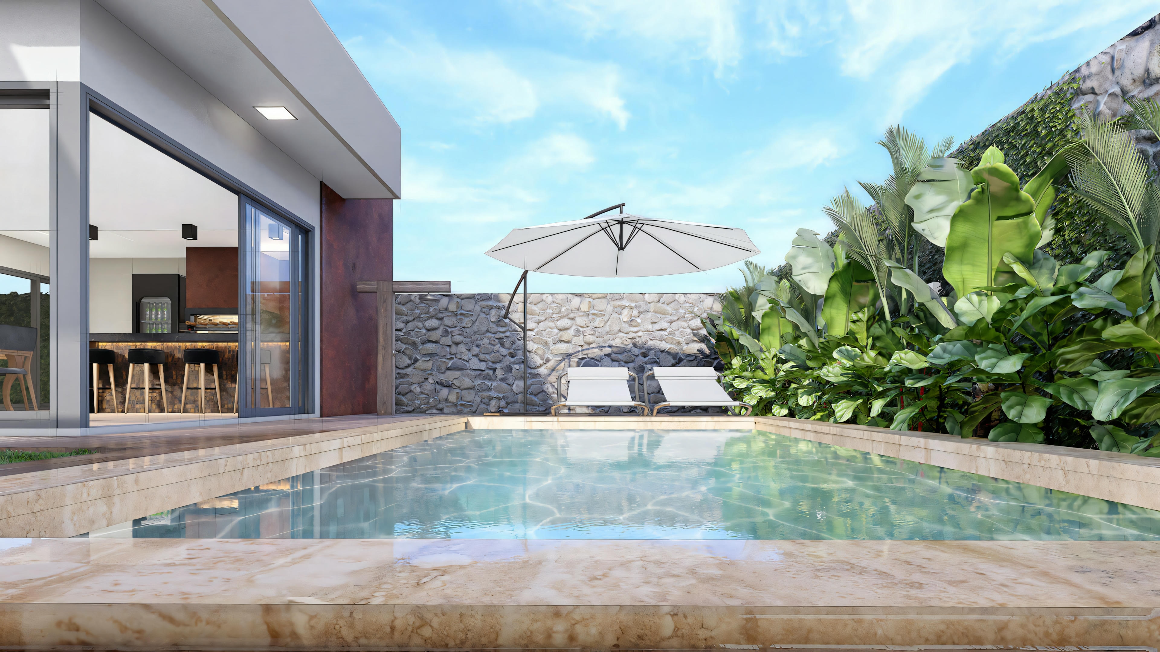 Proyecto de zona de ocio con piscina en casa moderna, vista desde el agua mostrando borde de piedra, terraza con tumbonas, sombrilla, pared de piedra, jardín vertical exuberante y parte de la fachada de la casa con las puertas de cristal del área gourmet integrada.