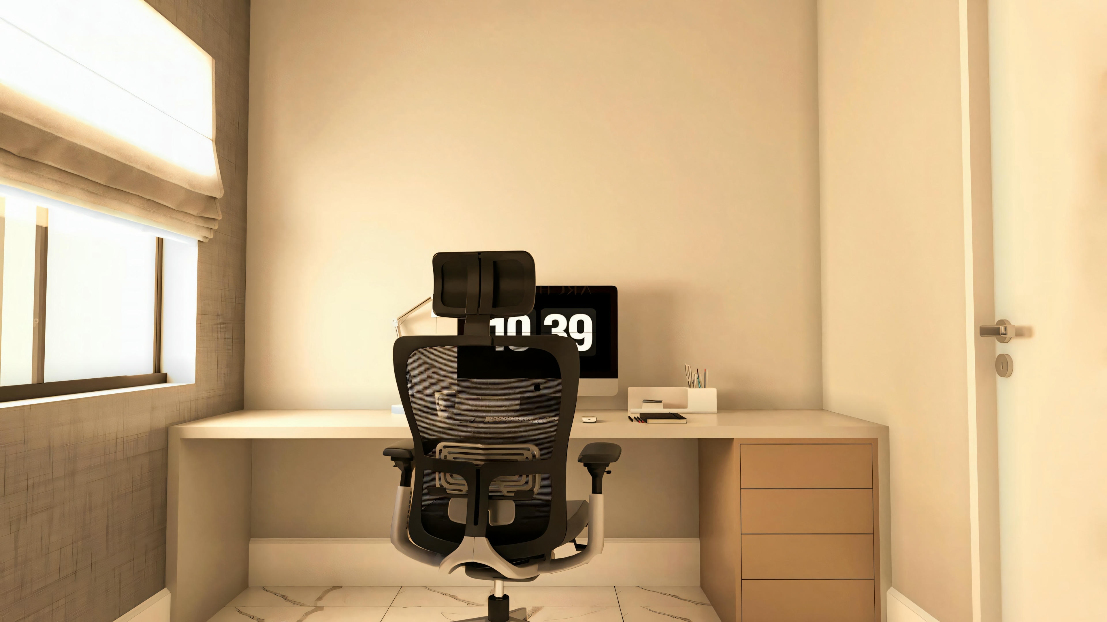 Alternative home office or second office in a bungalow house project with 3 suites. Features a light work desk with a drawer unit, ergonomic chair, and computer. Another functional space in the 276.43m² bungalow house plan.
