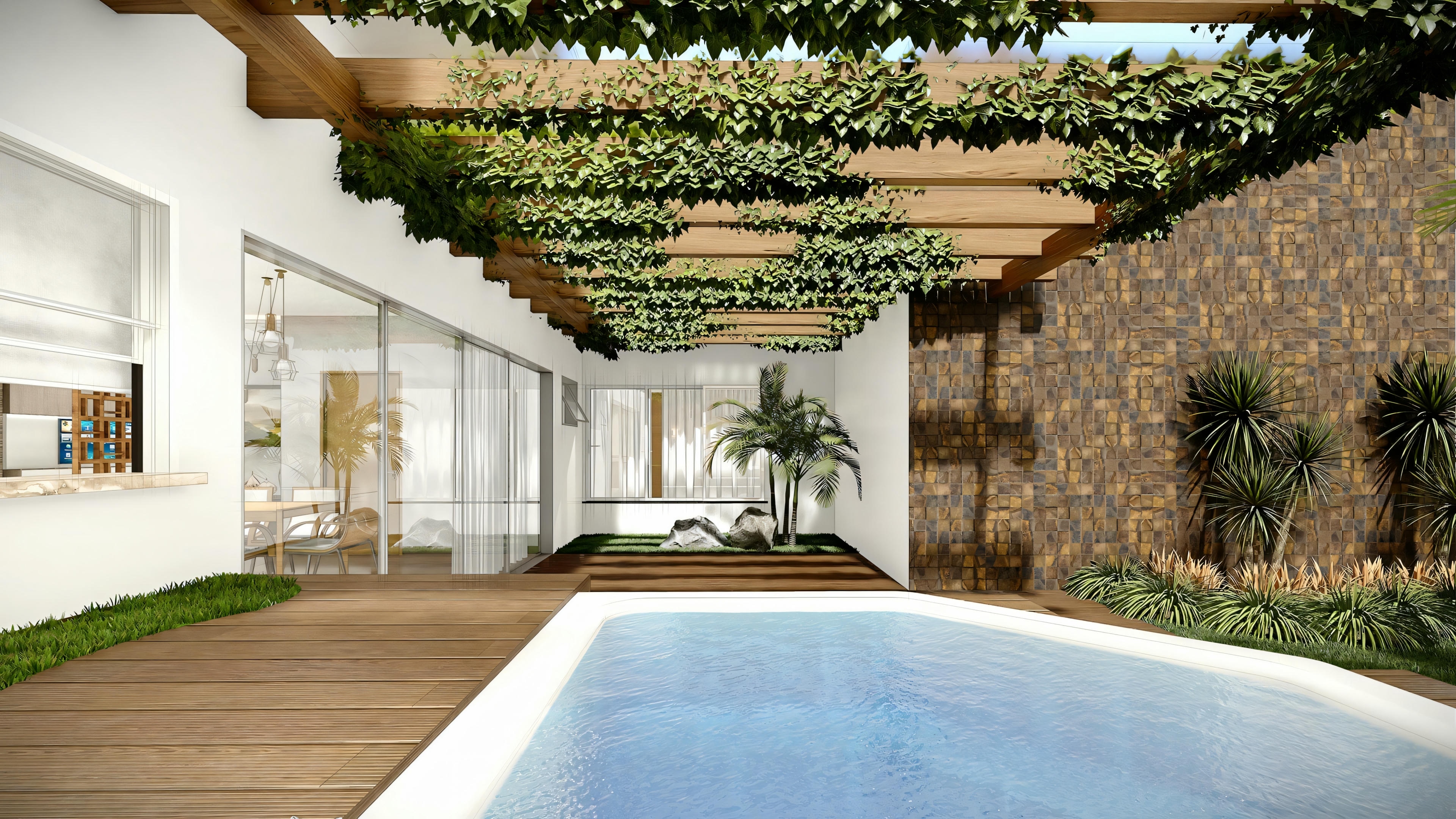 Una área de piscina al aire libre cercada por vegetación y edificios.