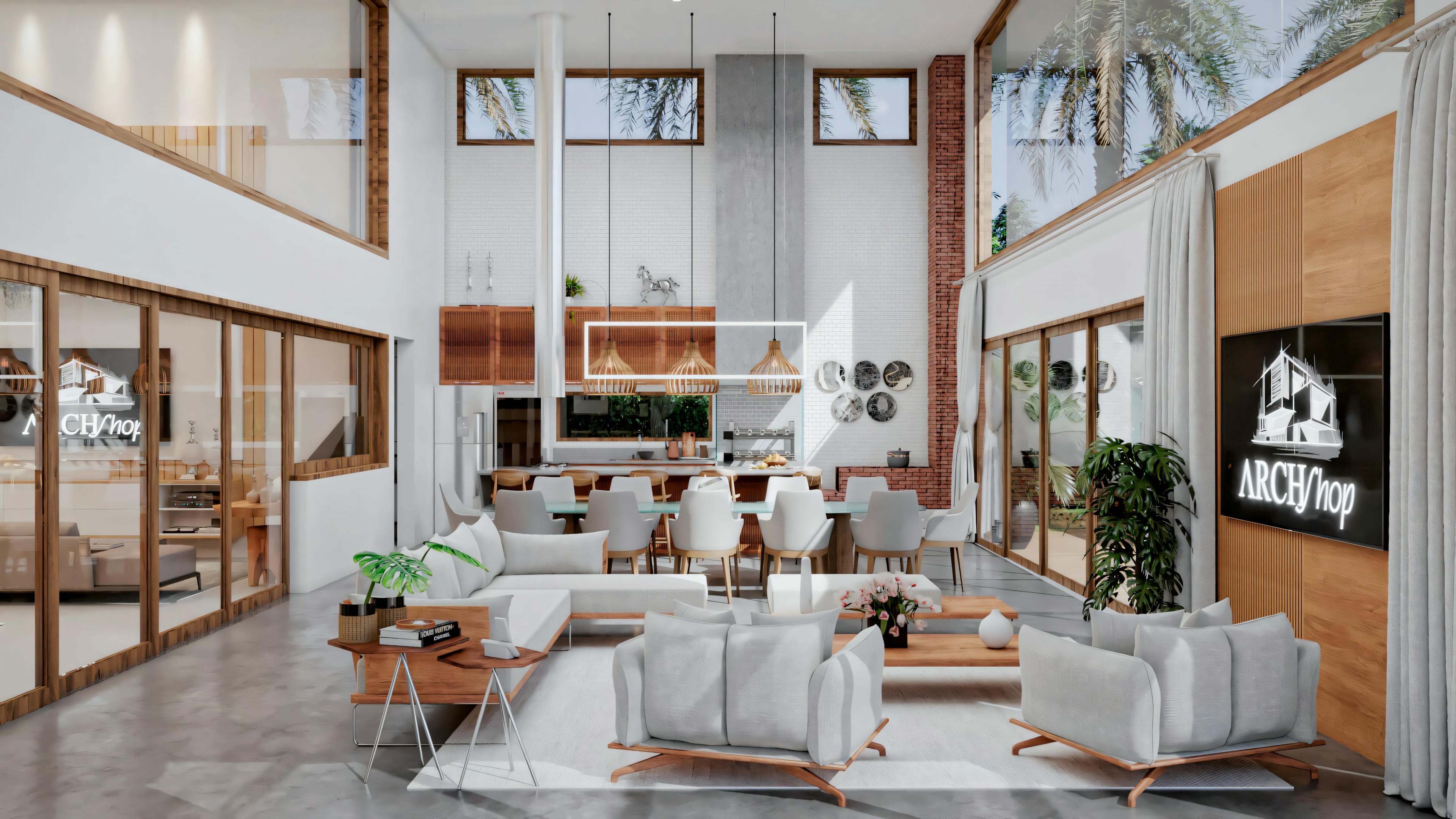 Vista interior de uma área de pátio ou lounge com assentos confortáveis, aberta para uma vista ampla de uma praia, sugerindo um espaço de relaxamento de alto padrão.