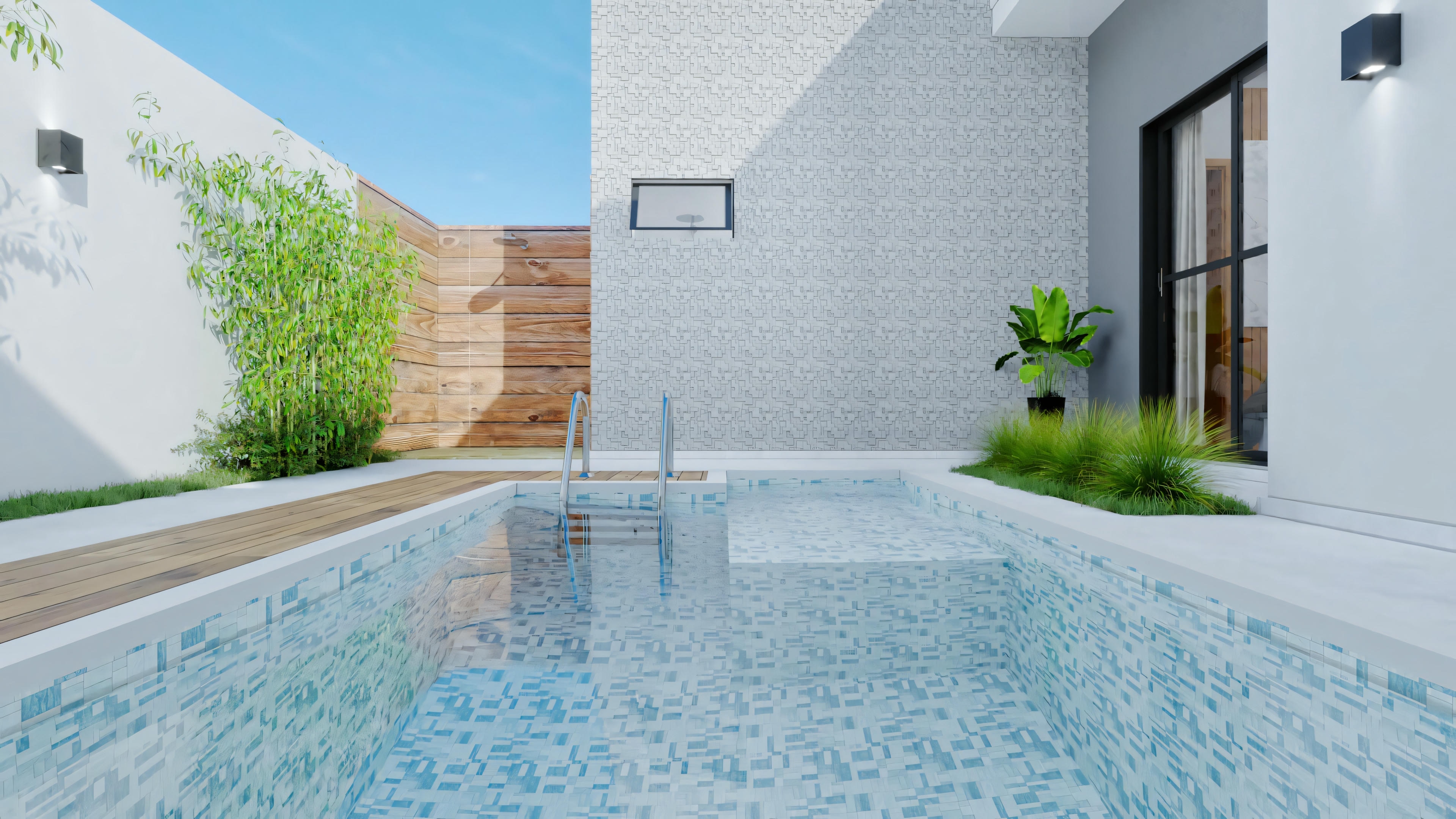 Uma área externa com piscina cercada por um deck de madeira, com duas espreguiçadeiras ao lado e um edifício ao fundo com grandes portas ou janelas de vidro.