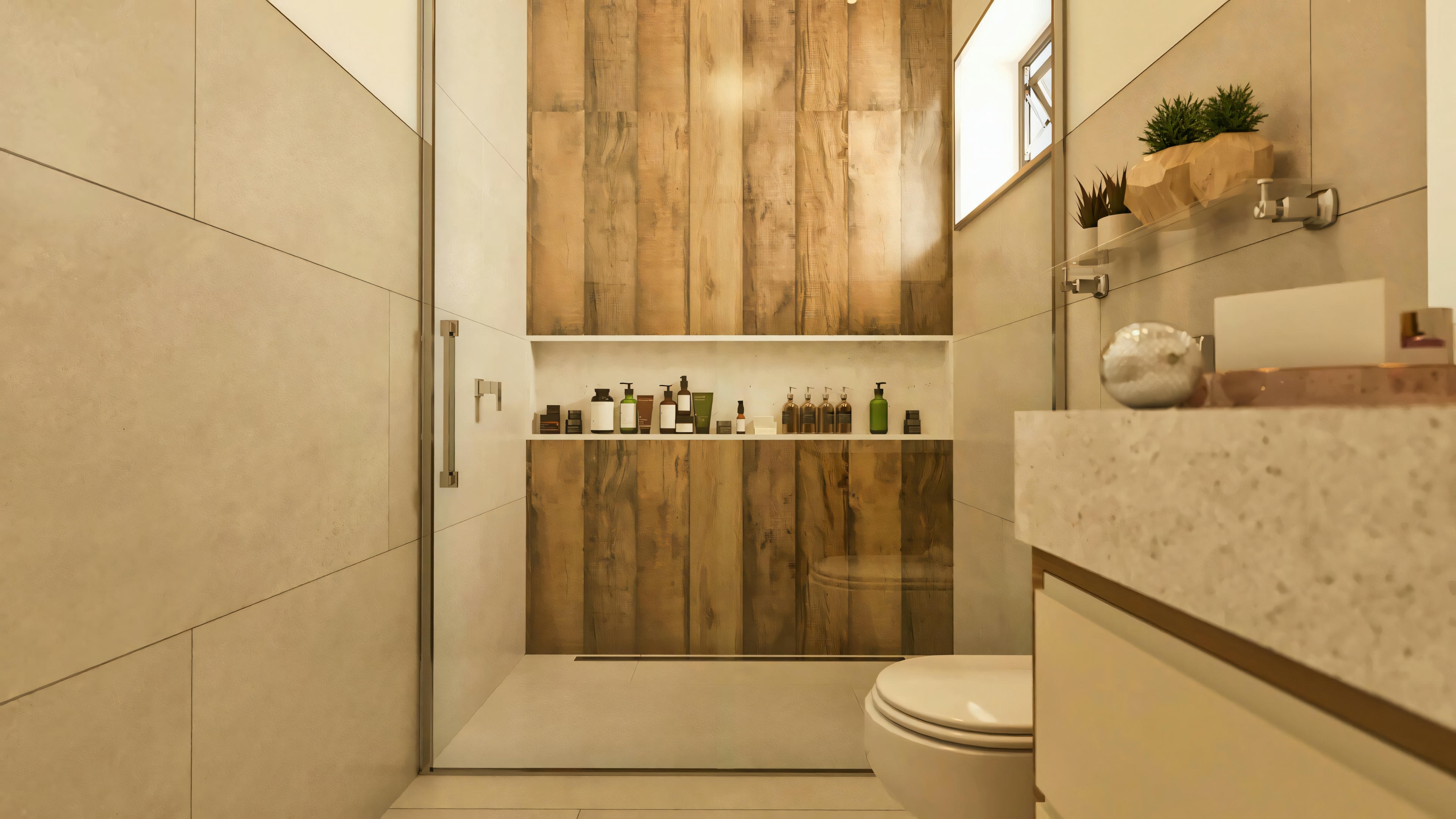 Detalhe do box do banheiro no projeto arquitetônico do sobrado, exibindo nicho embutido revestido com porcelanato amadeirado, contrastando com o porcelanato de grande formato em tom claro das paredes. Parte do vaso sanitário e bancada visíveis.