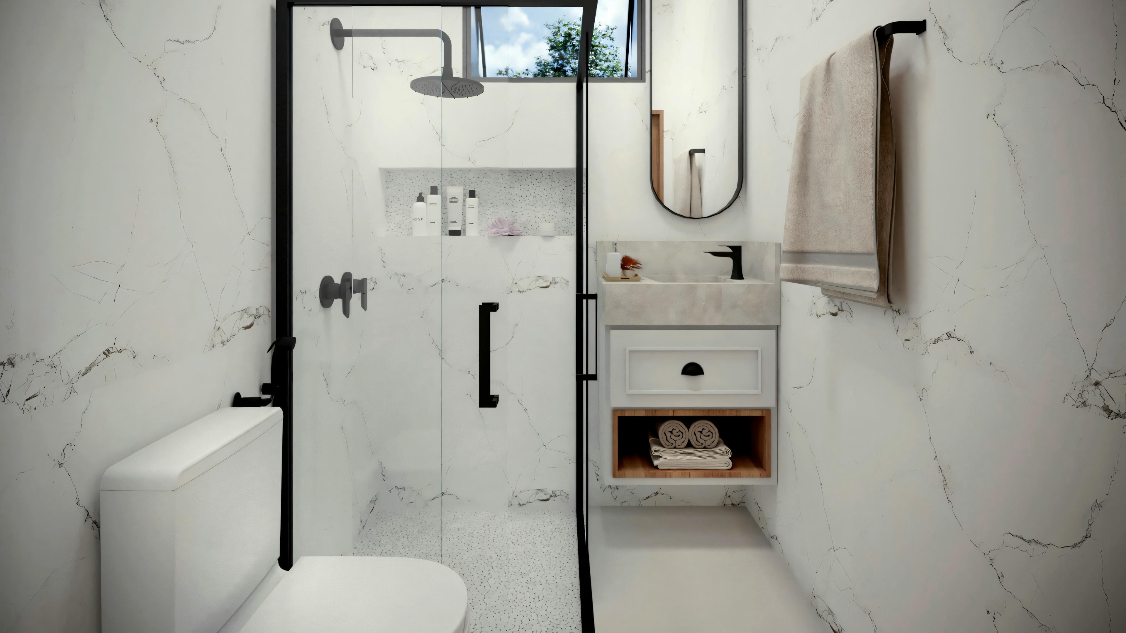 Un baño equipado con lavabo, espejo, inodoro y zona de ducha con puertas de cristal.