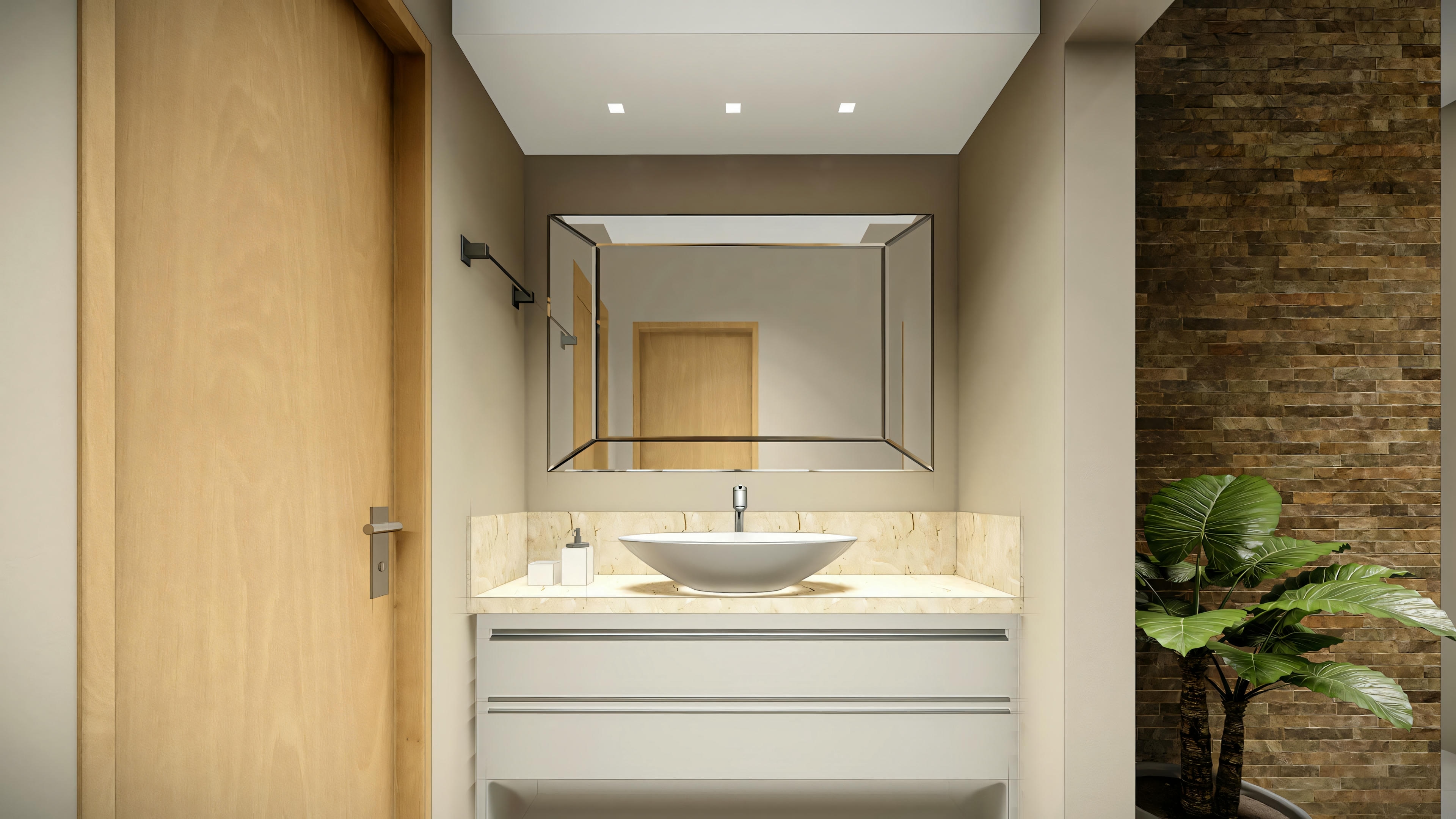 Un espacio interior con una puerta de madera parcialmente abierta, revelando un baño con paredes claras, un lavabo blanco y un espejo.