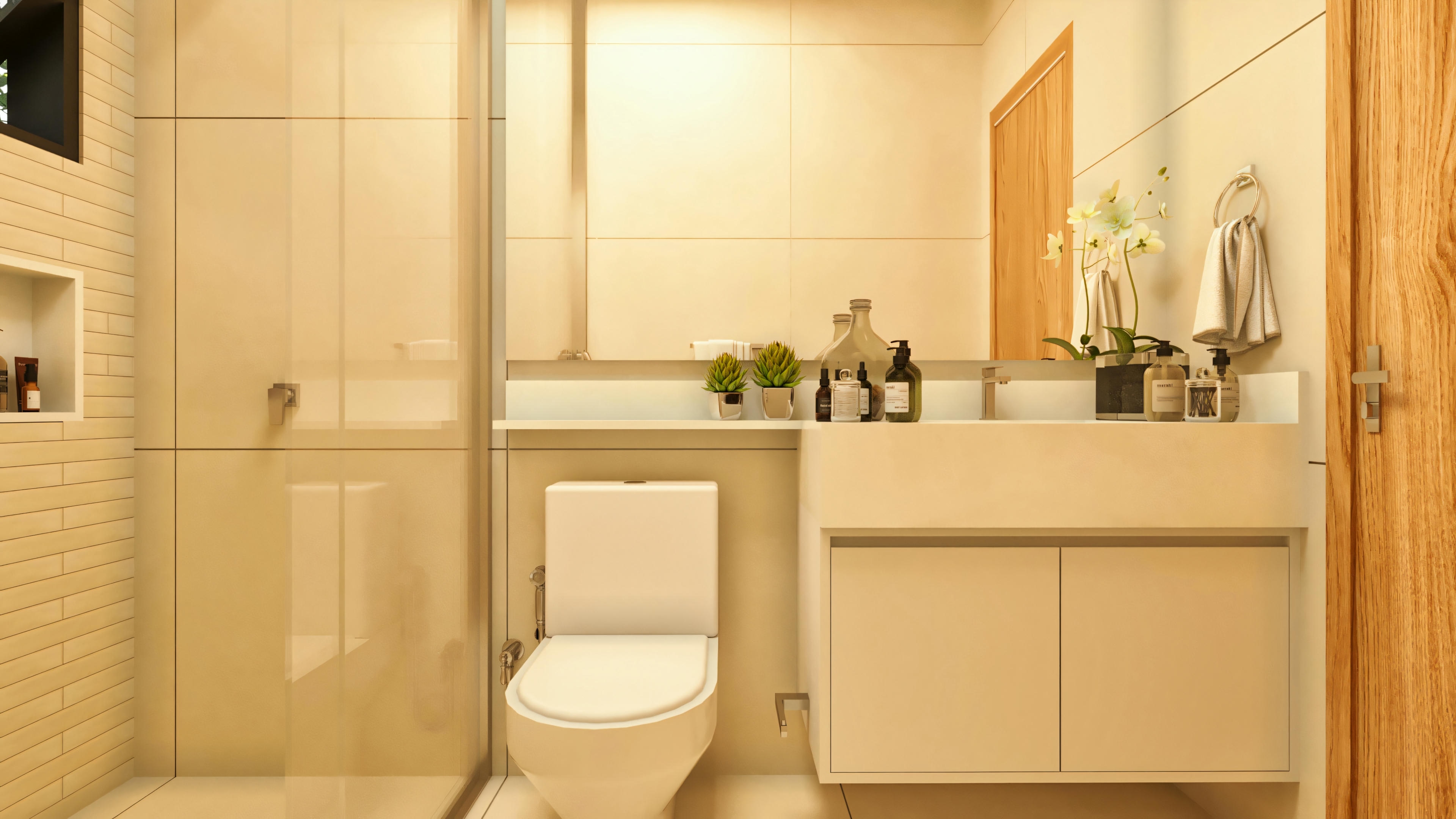 Baño social o de uno de los dormitorios en casa moderna de 3 habitaciones, con revestimiento en porcelanato beige, encimera en madera clara con lavabo sobrepuesto, armario inferior con puertas, espejo, y ducha con nicho.