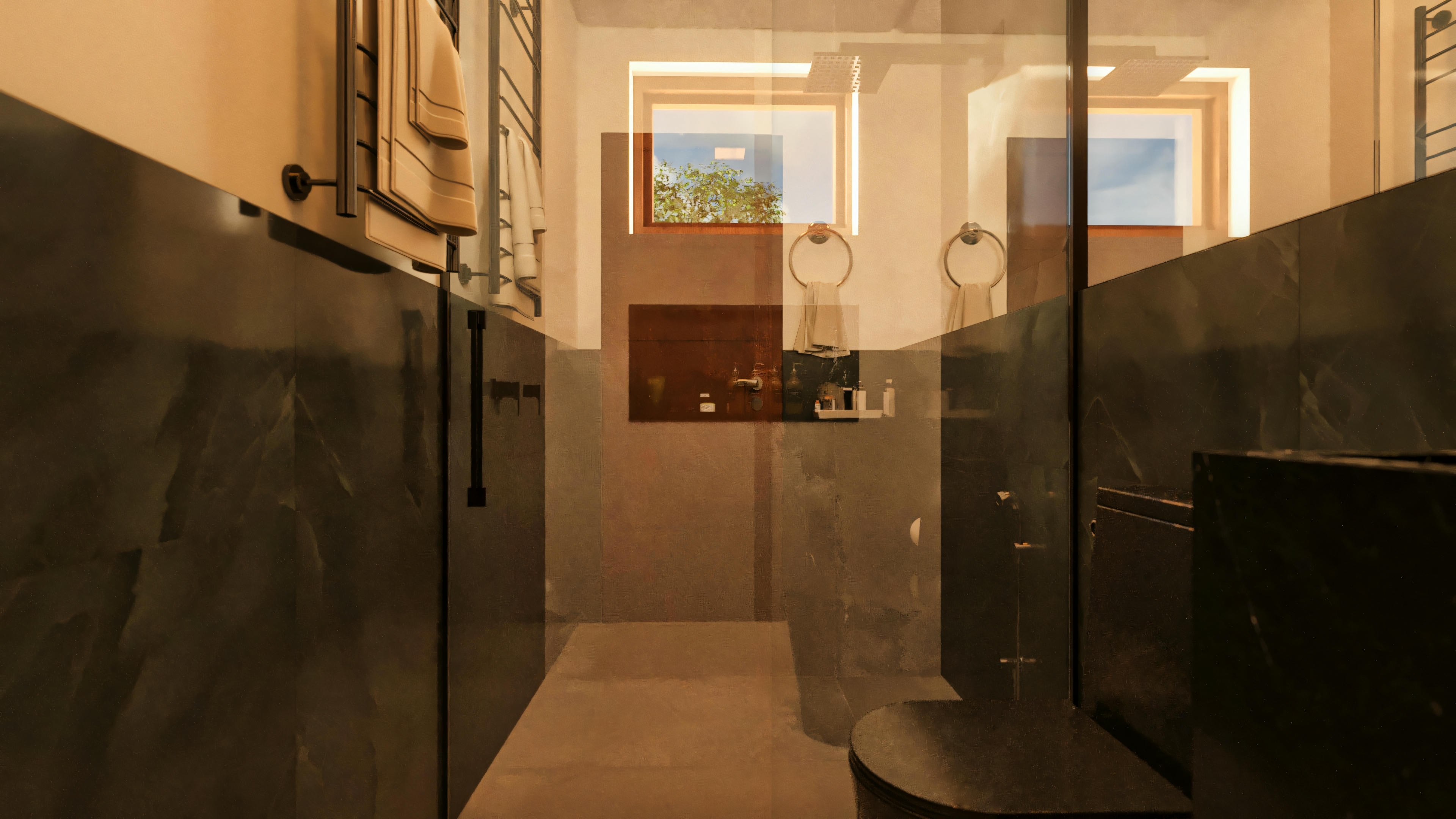 Baño de una suite de lujo visto a través de la mampara de vidrio de la ducha, con paredes en revestimiento oscuro, suelo claro en la ducha, y reflejo de dos ventanas cuadradas de madera con vista al cielo y vegetación. Un toallero con toallas es visible a la izquierda.