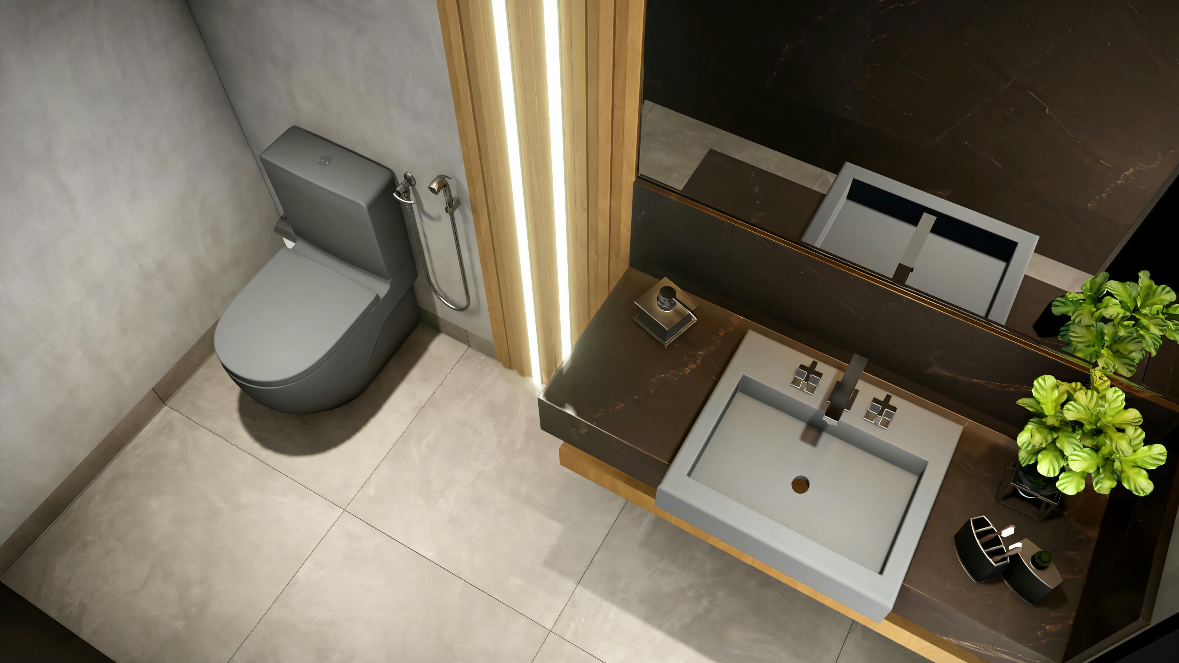 Baño moderno con inodoro, lavabo montado en la pared con espejo arriba, planta en maceta sobre el mostrador, toalla colgada y ventana con cortinas.