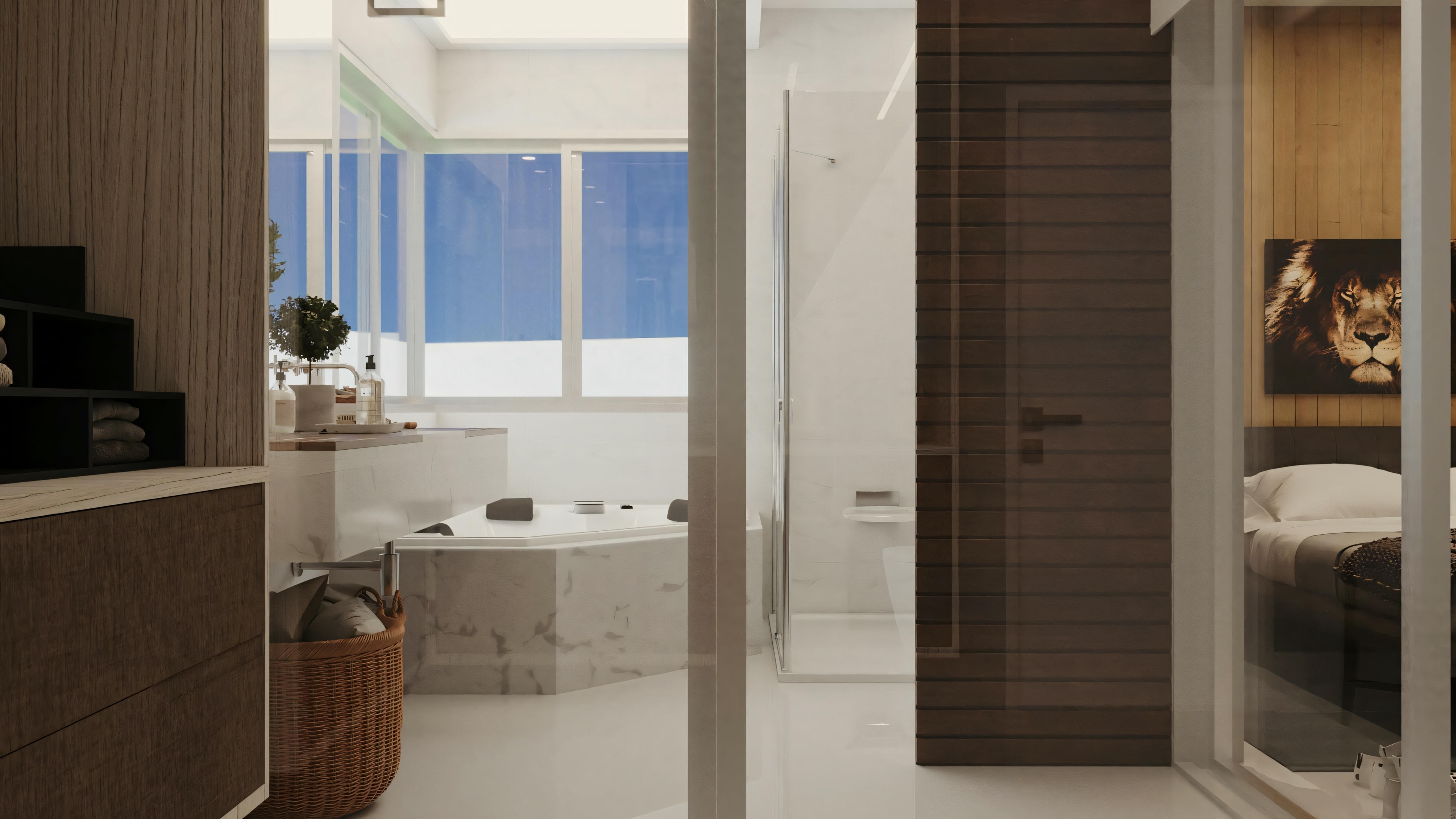Bathroom with a view into an adjacent room.