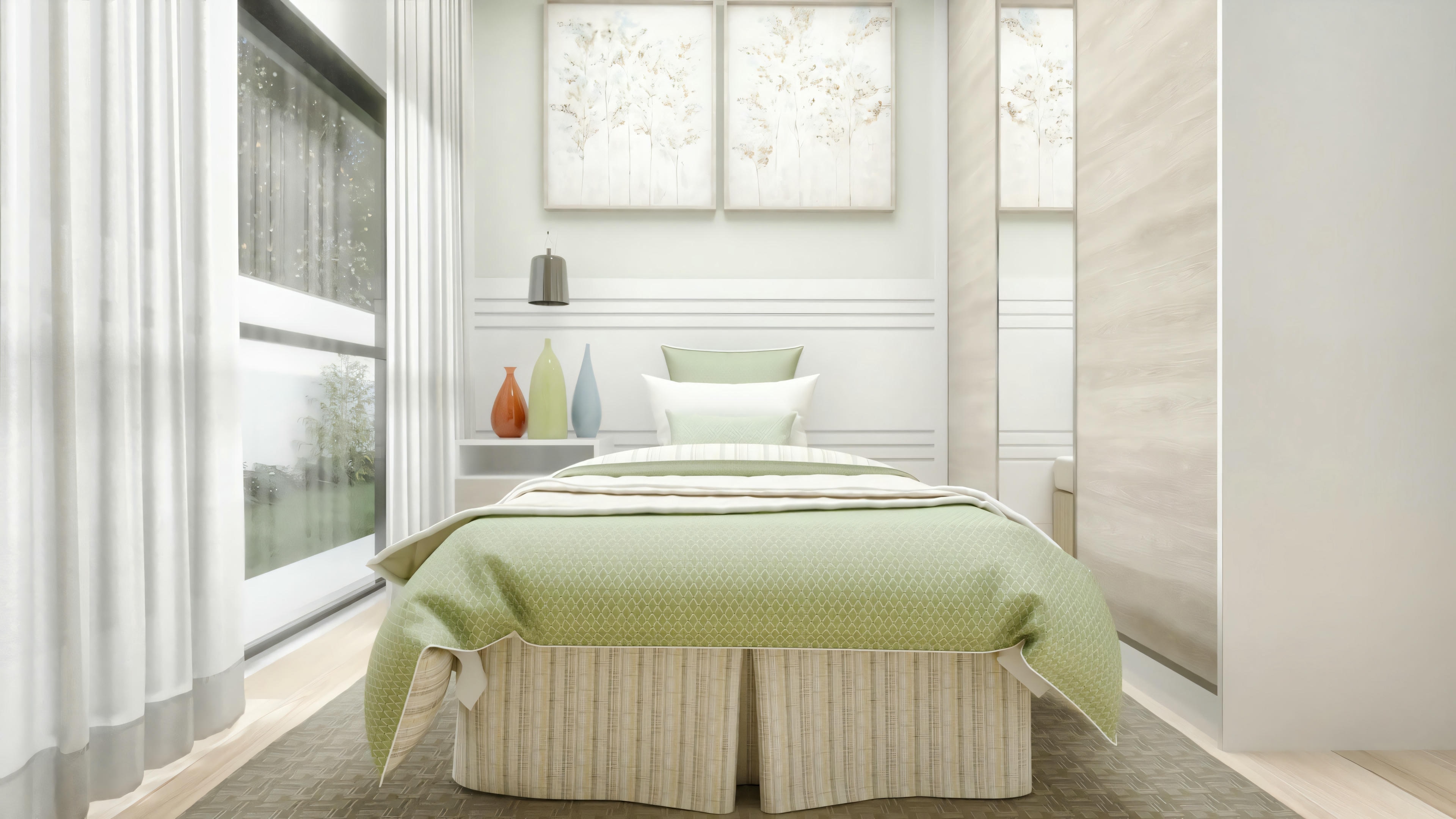A bedroom with a bed featuring green bedding and several pillows, illuminated by a large window.