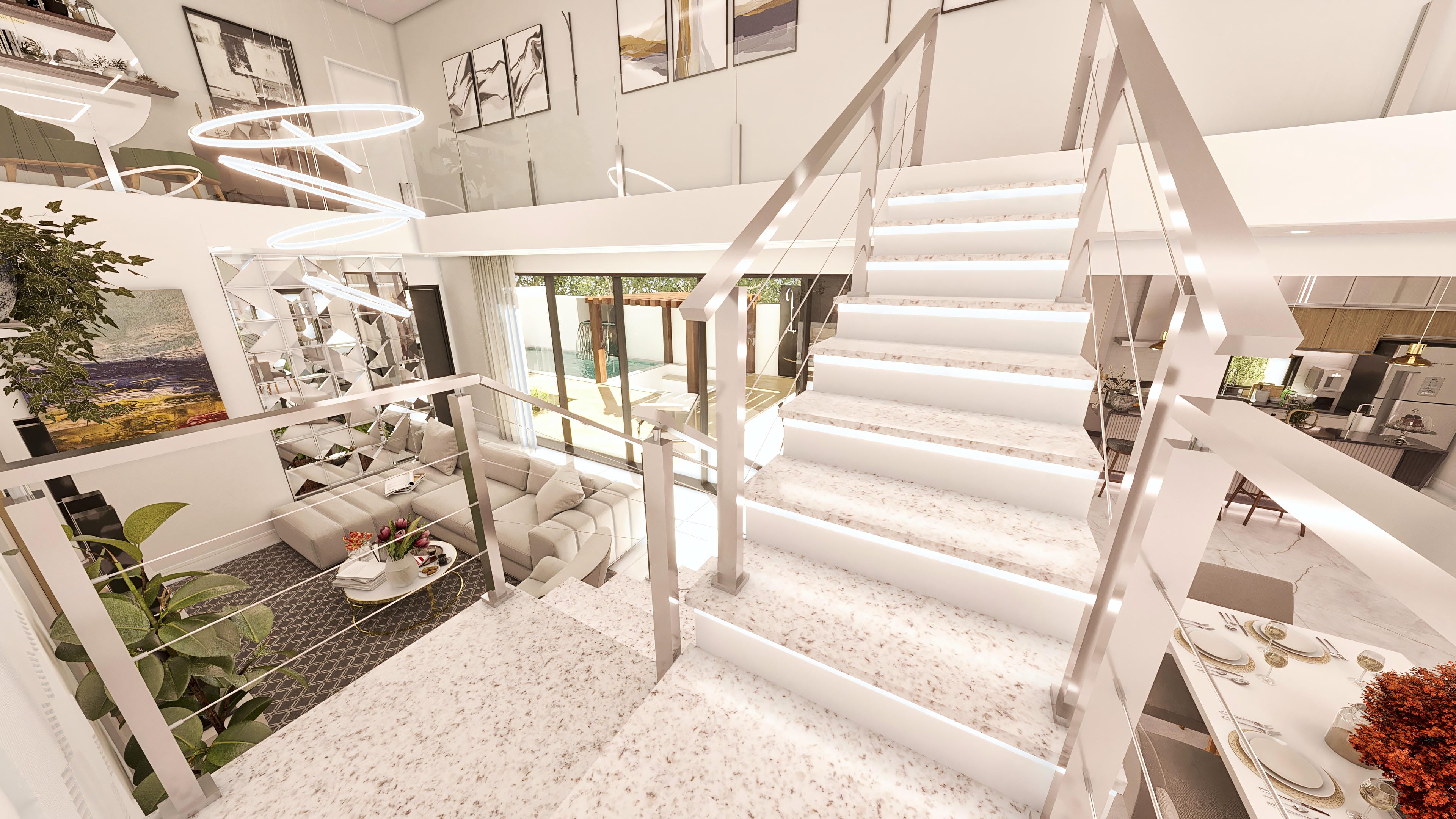 Escalera con peldaños de mármol con iluminación empotrada, pasamanos de acero inoxidable y vidrio, en casa de dos plantas moderna con techo a doble altura. Sala de estar con sofá claro y mesa de centro, y vista al área externa con piscina y espacio gourmet.