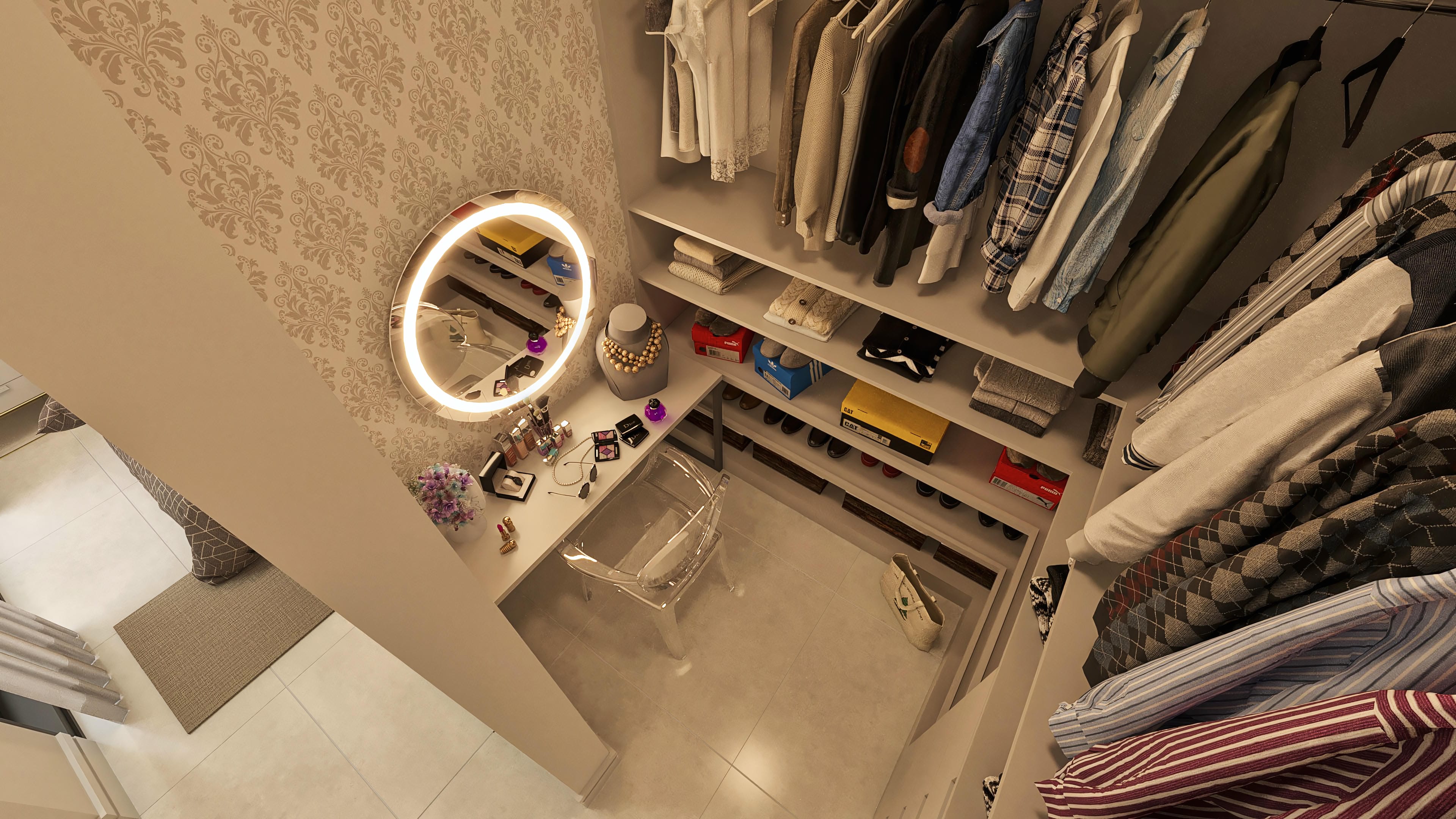Detalhe de um closet moderno com papel de parede texturizado, espelho circular com iluminação LED, bancada para maquiagem, e prateleiras repletas de roupas e acessórios.