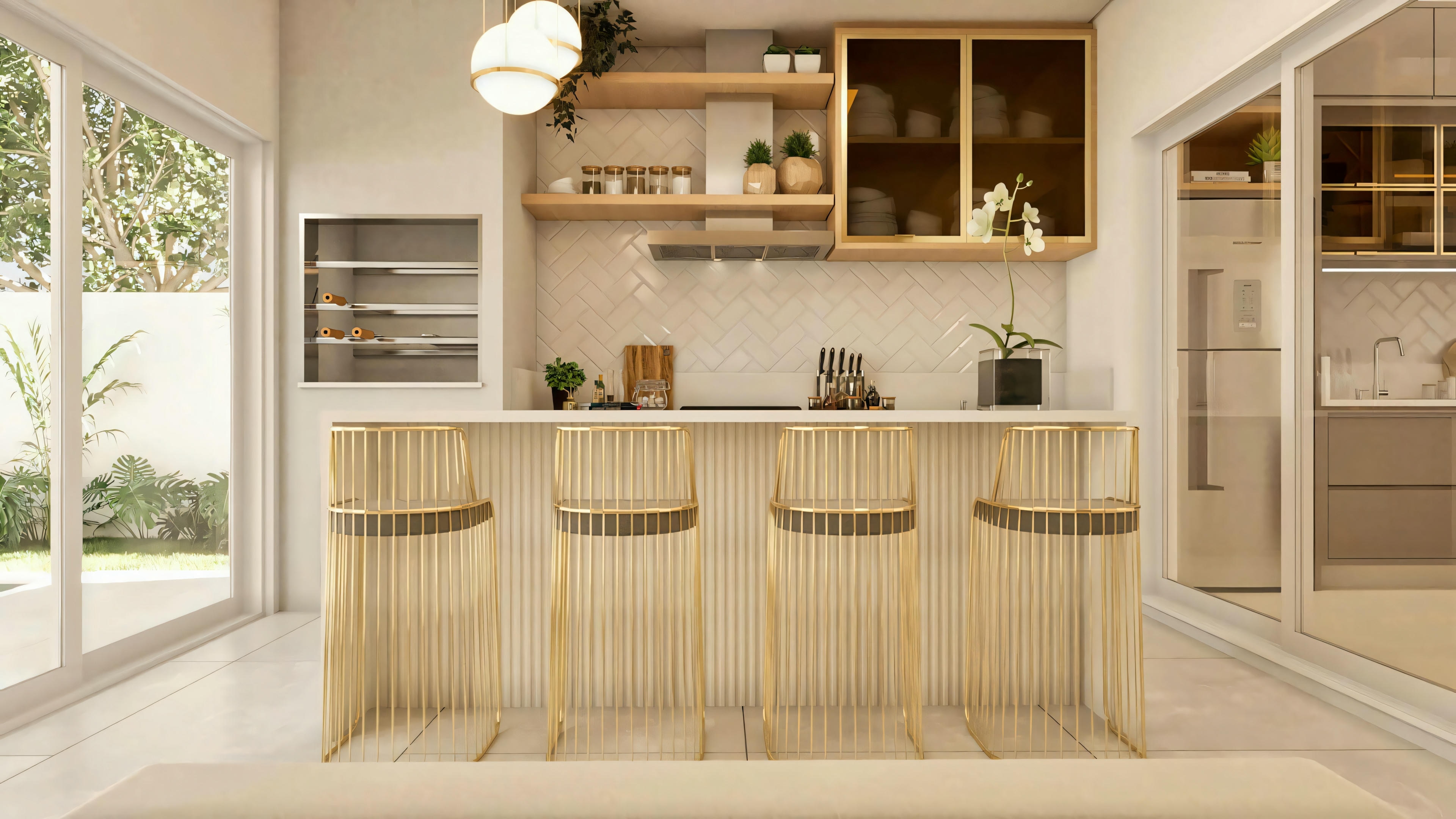 Foto de la cocina/área gourmet de esta planta de casa moderna de una planta con 3 habitaciones (203.67m²). Ambiente cuenta con encimera alta, banquetas doradas, gabinetes modernos e integración con el área externa a través de puertas de vidrio.