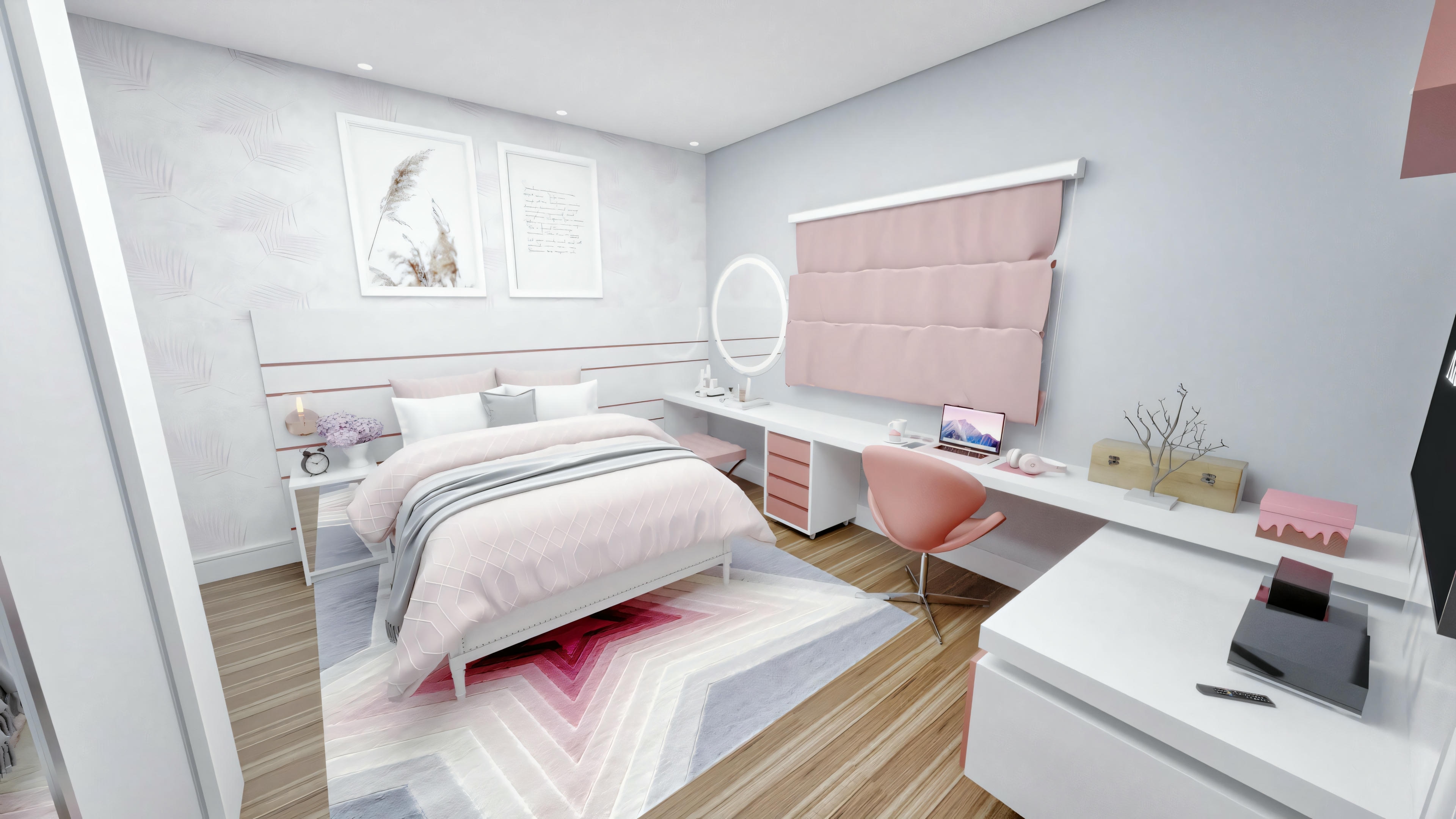 A cozy bedroom with pink and white decor. It features a bed with pink bedding, a white headboard, and pillows.