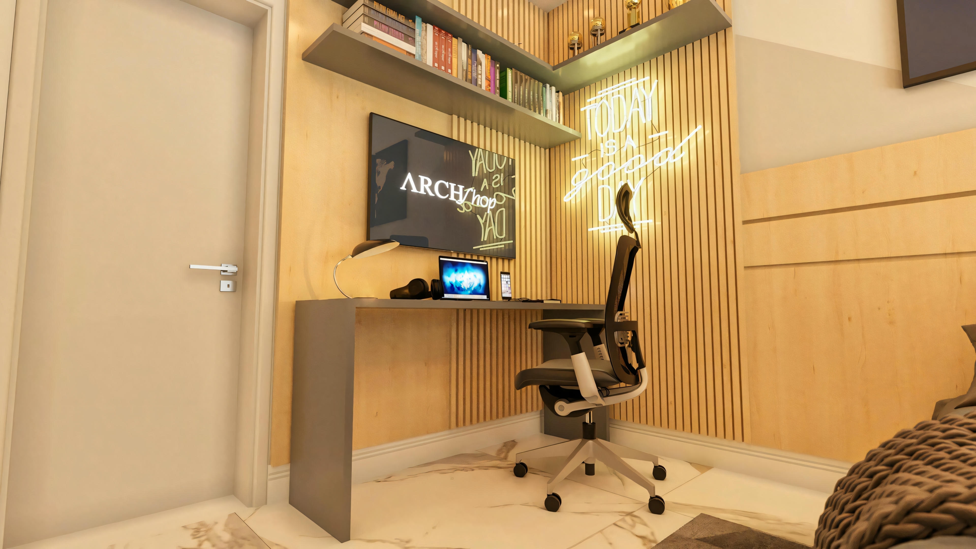 Detalle del escritorio en dormitorio suite de proyecto de casa de lujo, con panel de madera de listones, neón y mobiliario moderno.
