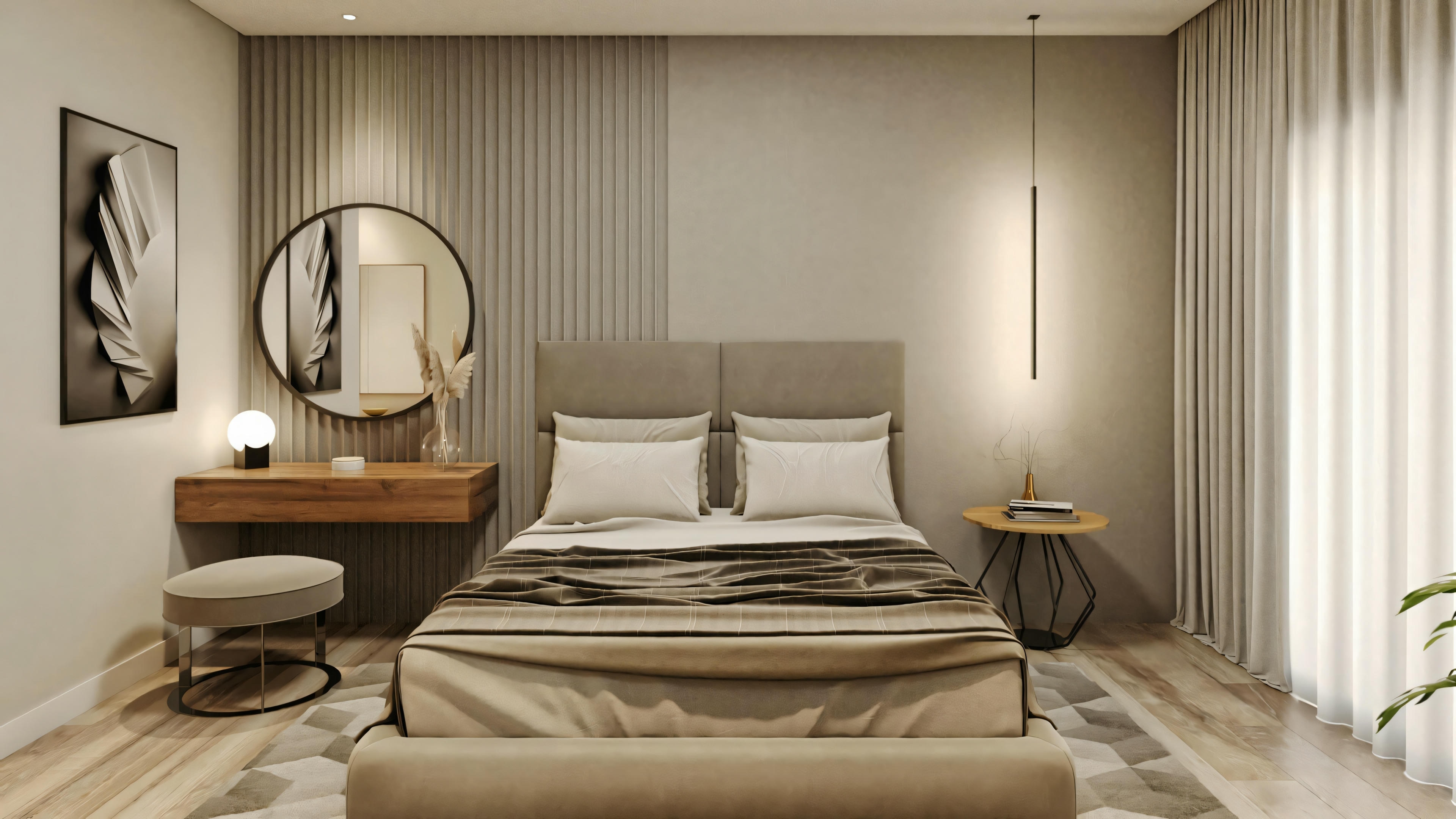 Un dormitorio con cama grande, mesitas de noche, lámparas y espejo redondo en la pared.