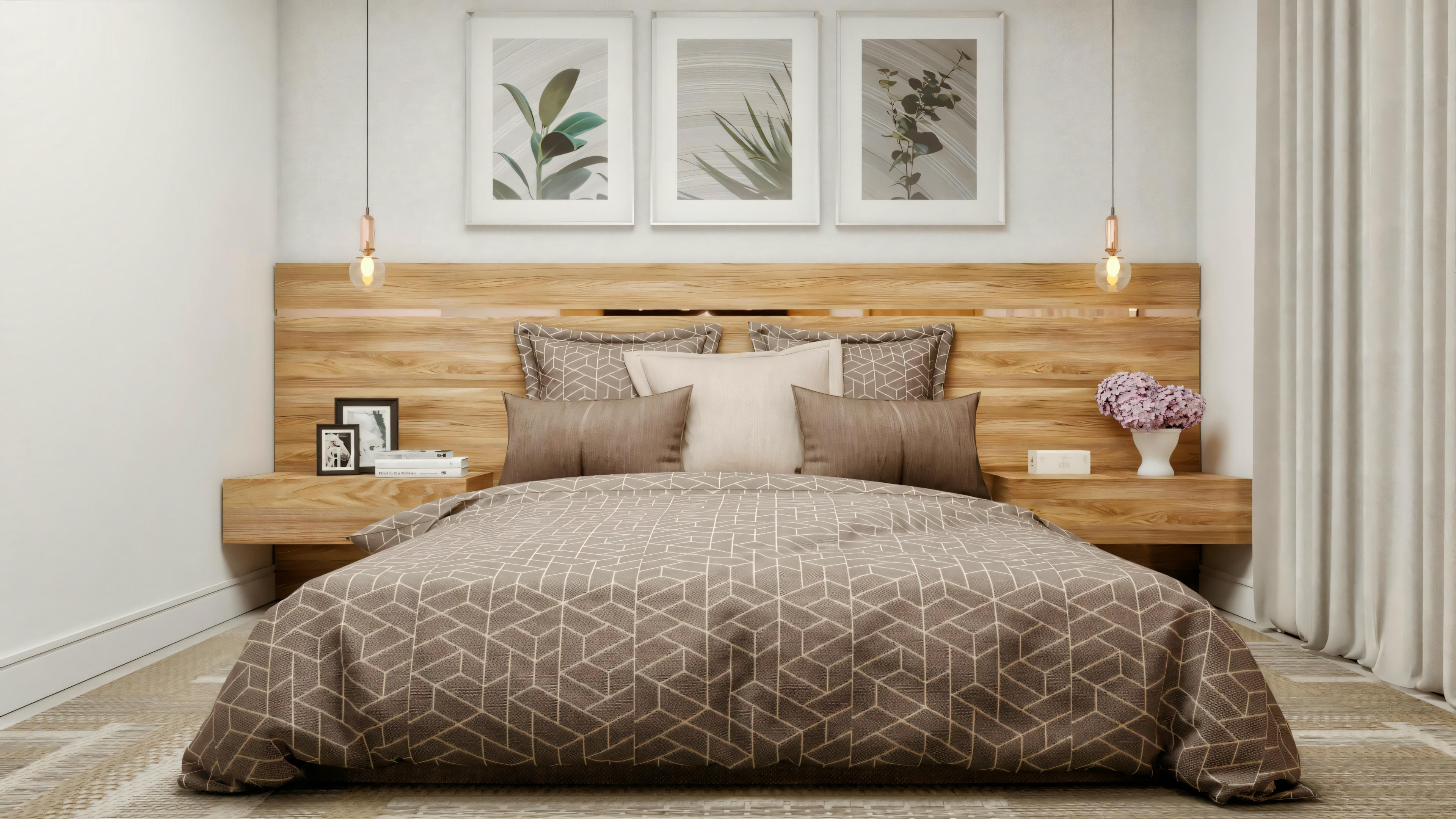 Dormitorio matrimonial (posiblemente suite) en proyecto de casa de campo con 3 dormitorios, con cama, cabecera de panel de madera con mesitas de noche suspendidas integradas, lámparas colgantes y cuadros decorativos.