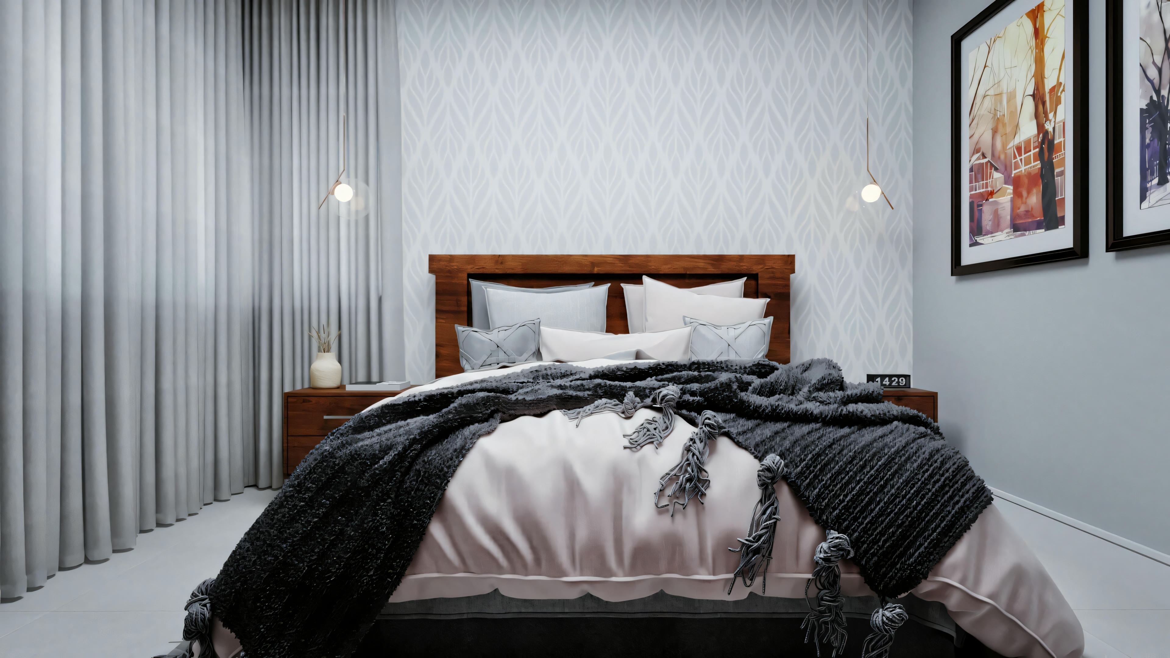 Dormitorio con cama grande cubierta con ropa de cama gris, dos mesitas de noche y paredes con papel pintado.