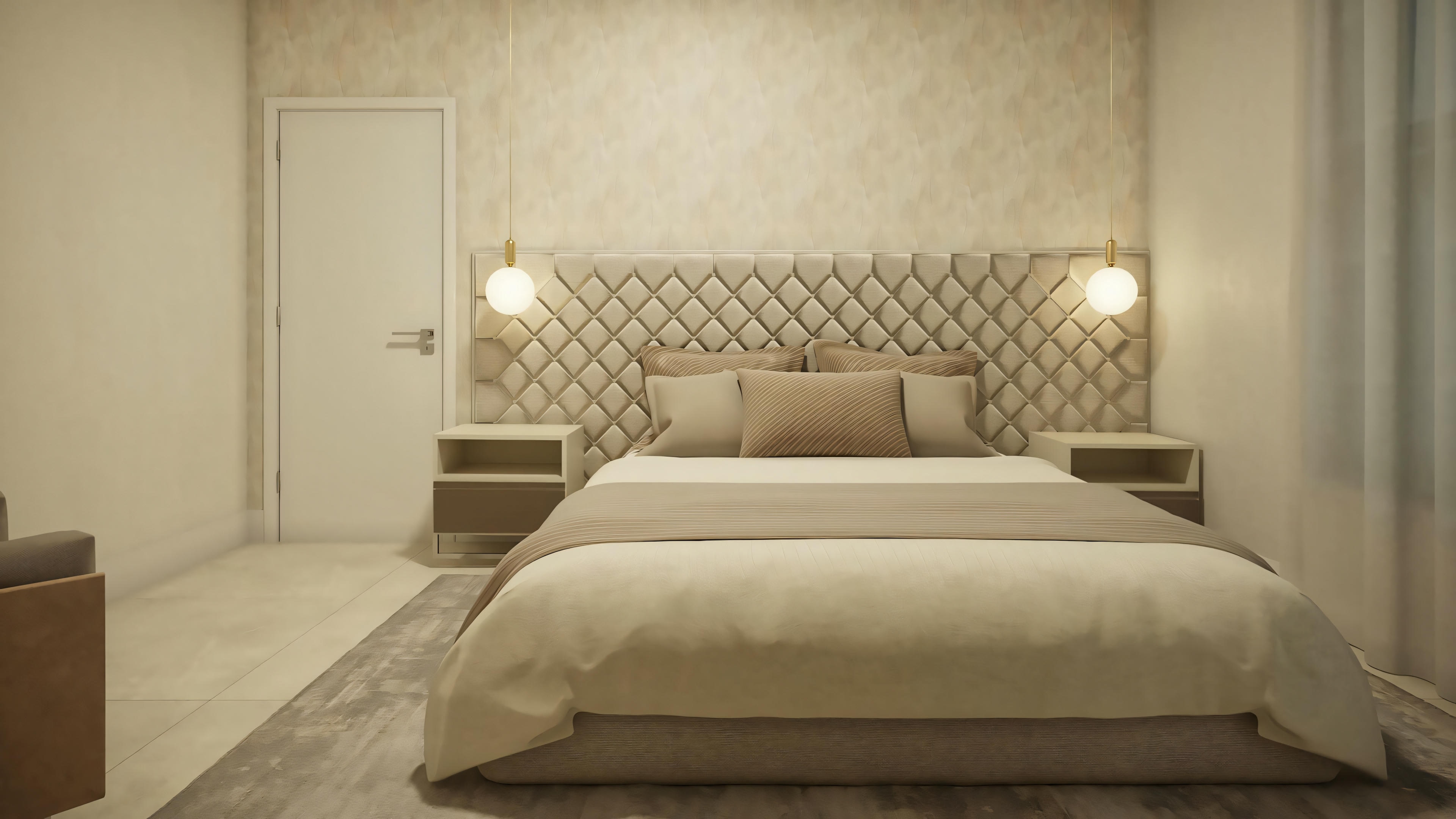 Dormitorio moderno con cabecero tapizado y luminarias de pared.