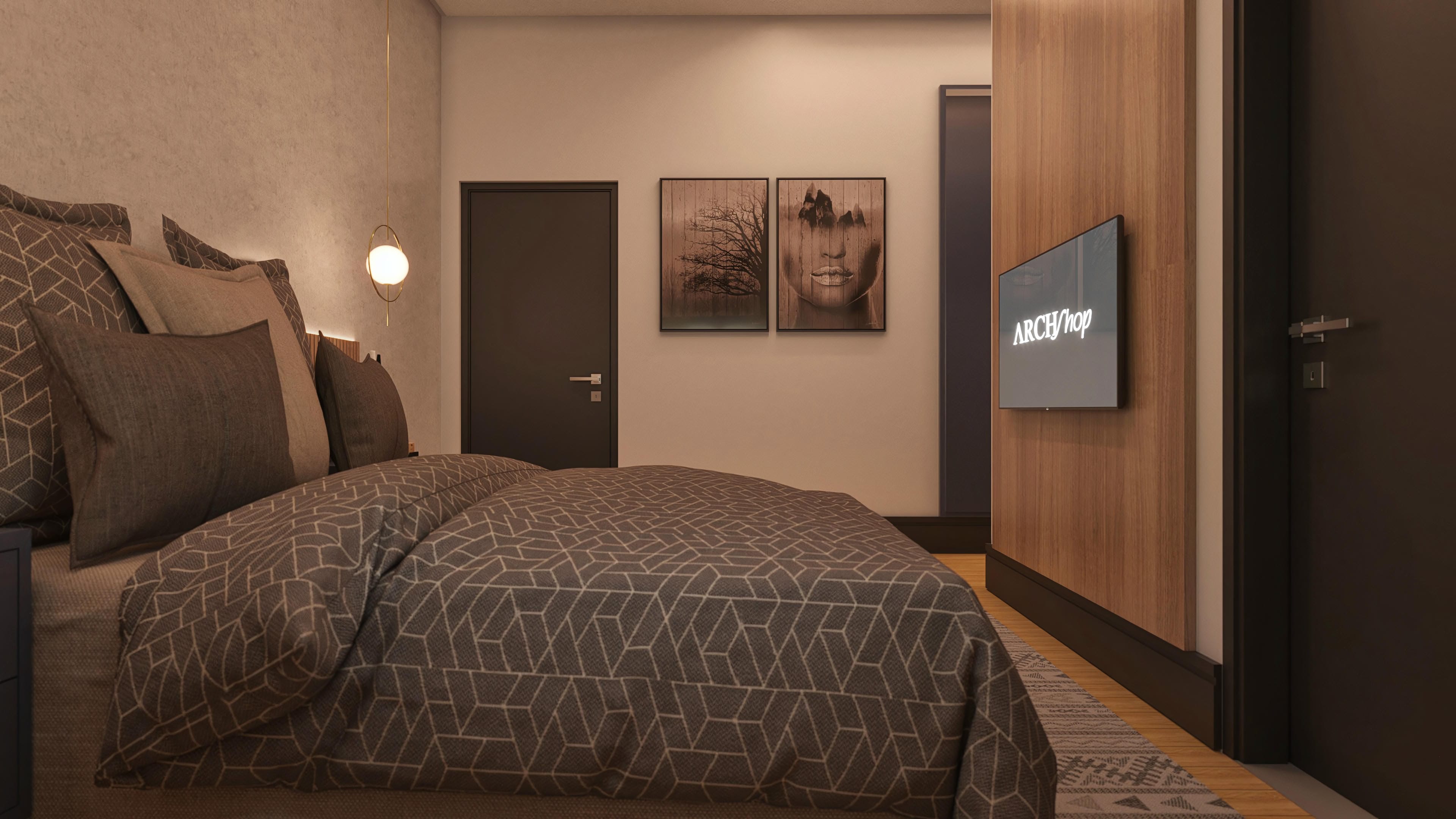 Detalle de un dormitorio moderno con cama de matrimonio adornada por sábanas y cojines en tonos gris y grafito con estampado geométrico. La iluminación sutil realza la pared texturizada en cemento pulido y la obra de arte discreta.
