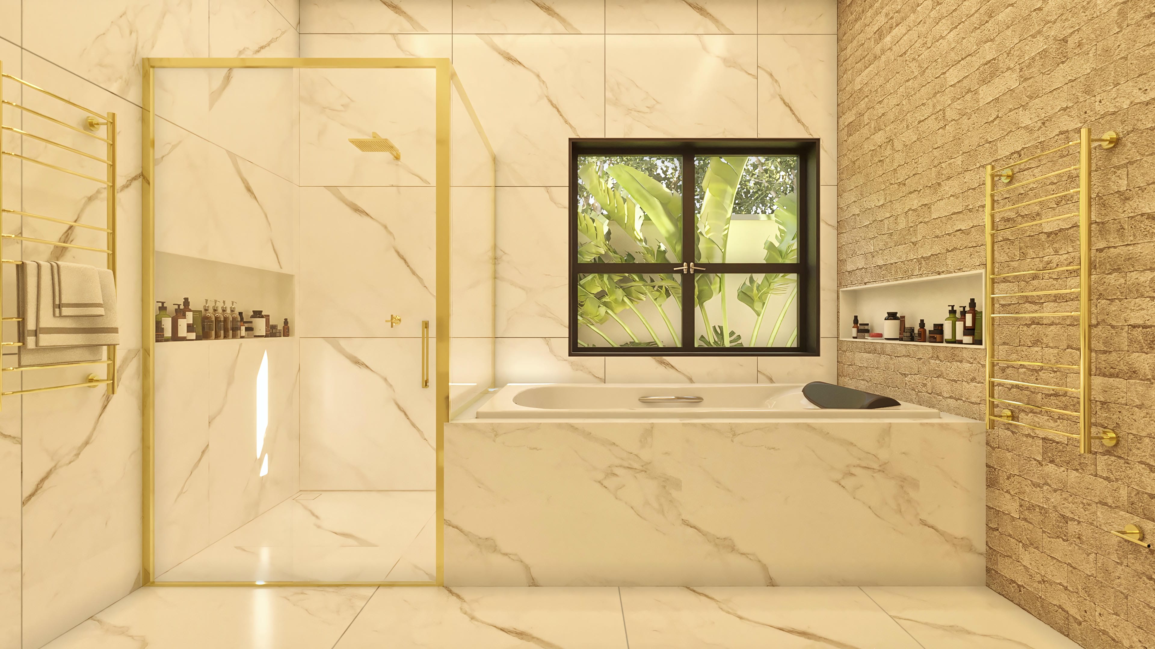 A luxurious bathroom with creamy marble cladding with gold veins on the walls and floor. Gold highlights include the shower enclosure, towel warmer, and accessories. A rustic brick wall in an earthy tone complements the room.
