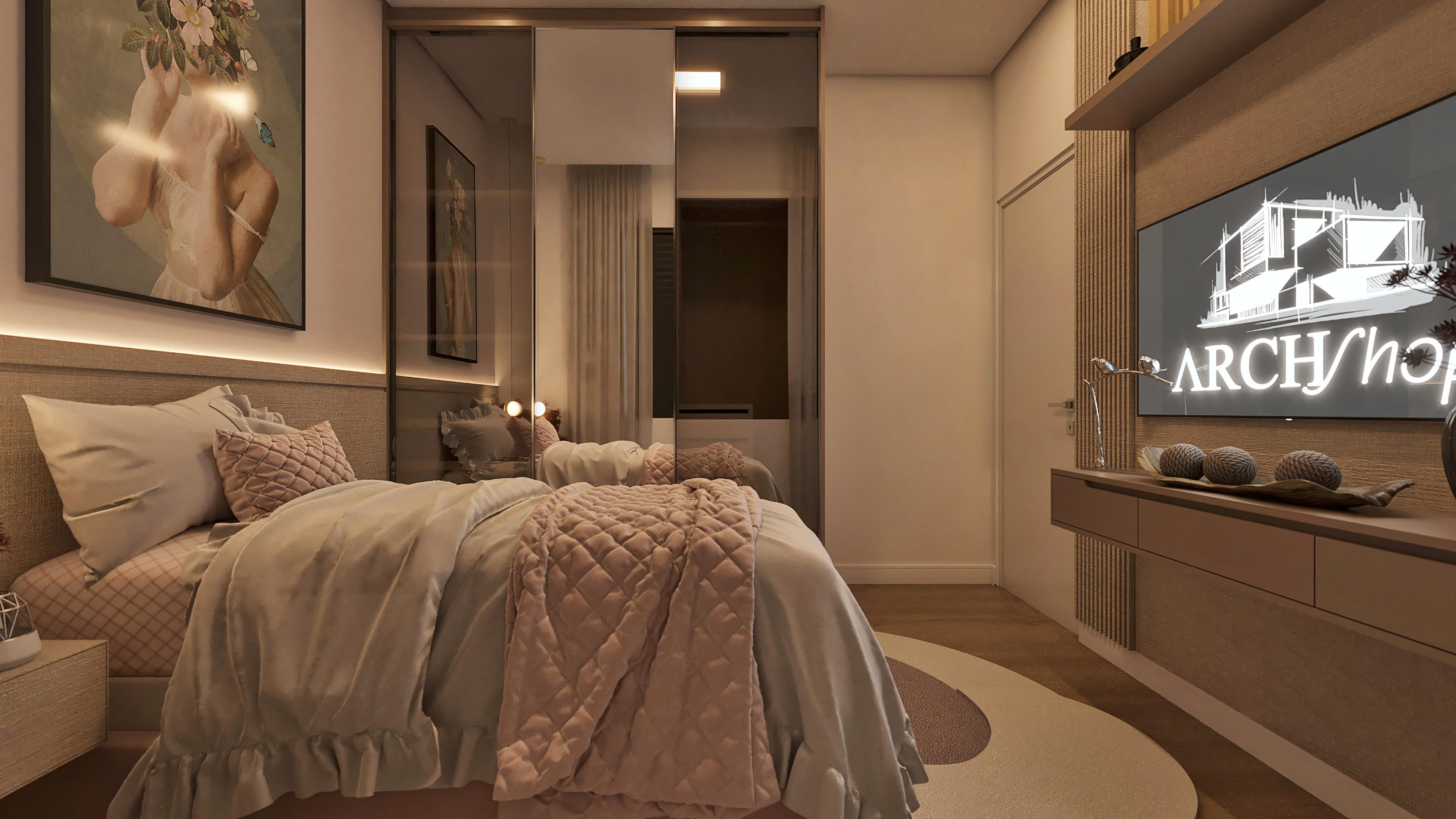 Ambiente de habitación con cama matrimonial, armario de espejos, panel con TV e iluminación en LED.