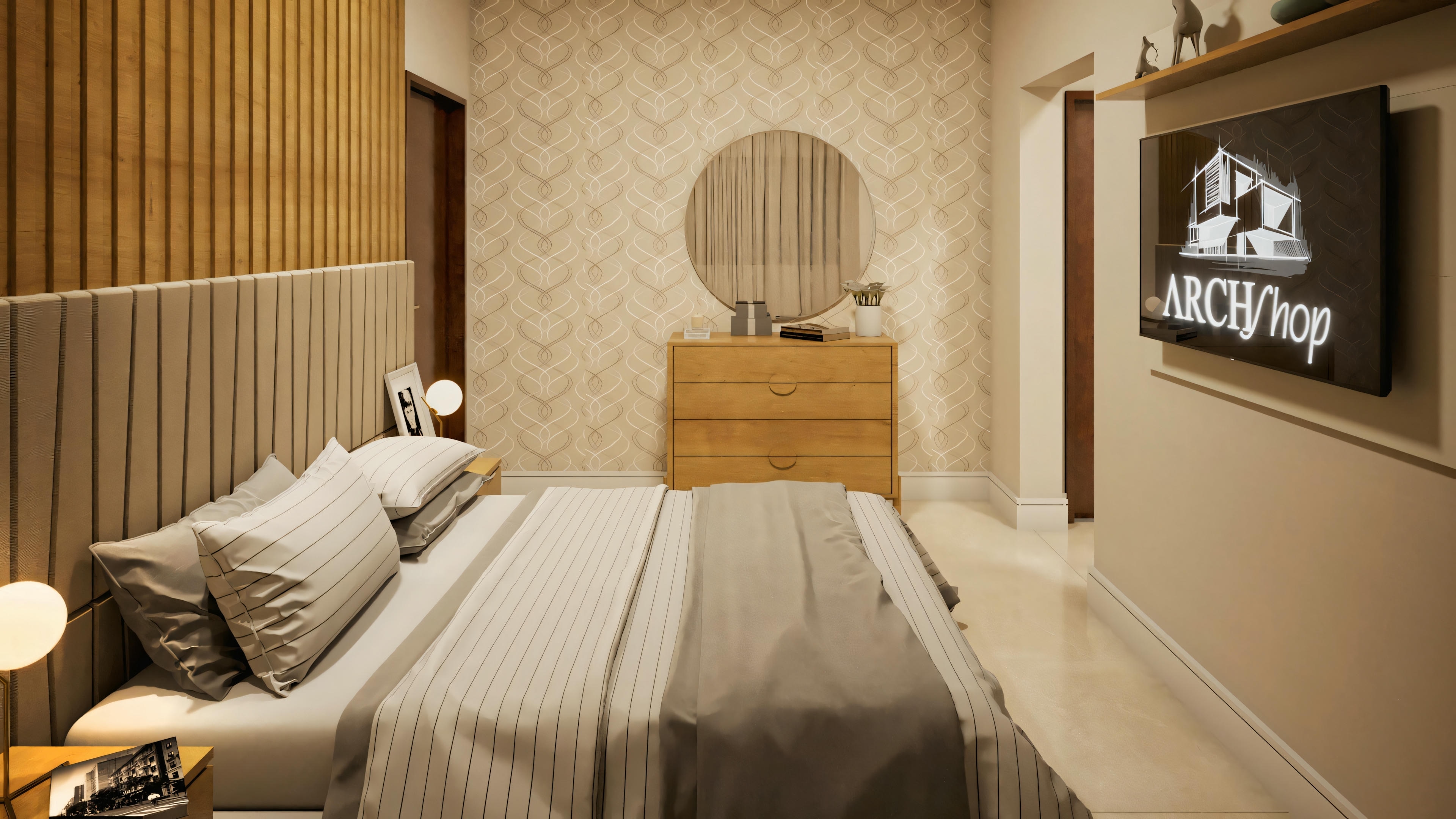 Una habitación con cama, mesitas de noche y un espejo redondo en la pared.