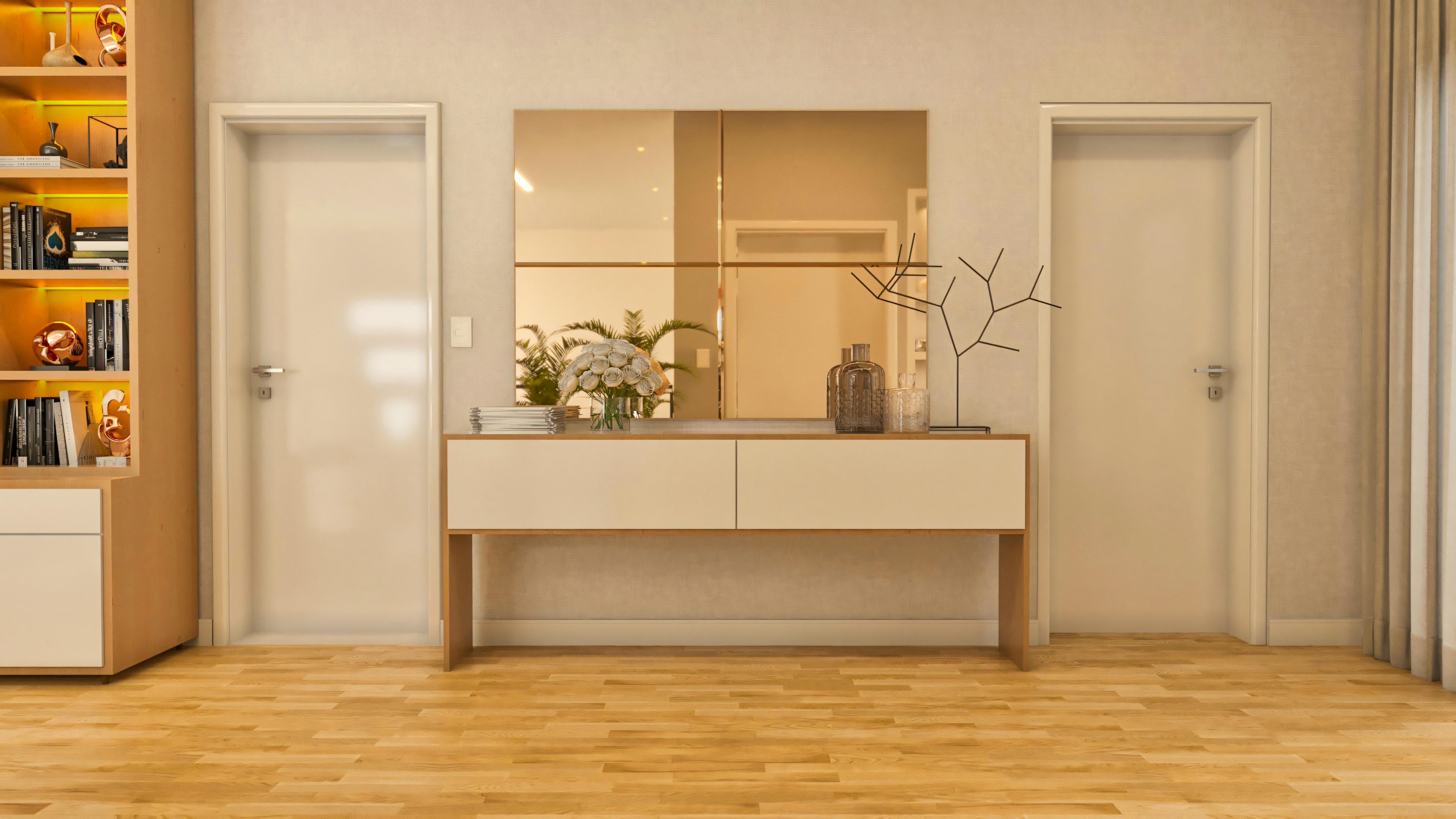 Hall de entrada o pasillo con piso de madera, aparador con cajones, espejo decorativo de cuatro paneles en la pared, y dos puertas blancas, en proyecto de casa con oficina.